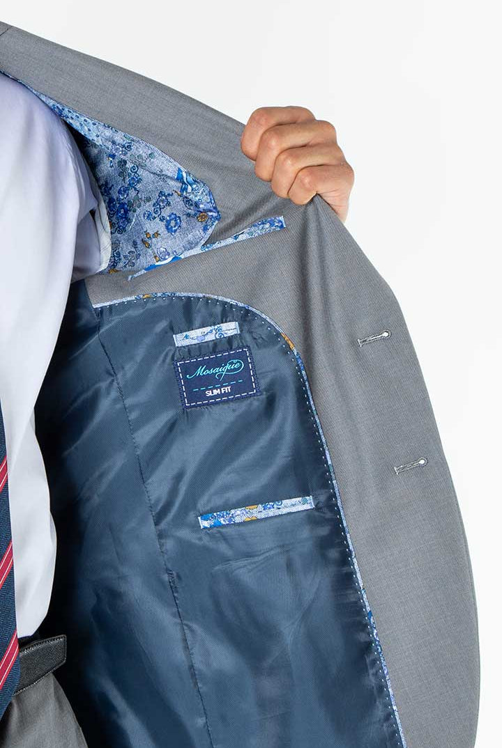 alt="Mosaique grey slim self designed formal suit inner pocket and lining detail"