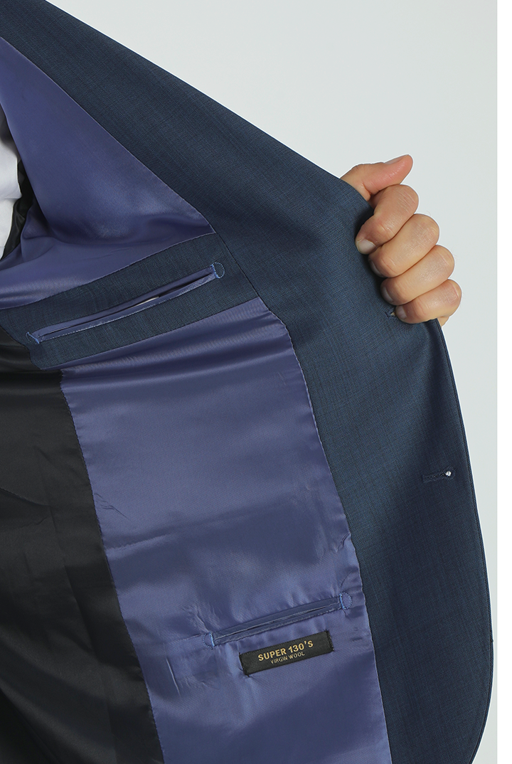 alt="DKS slim fresco suit formal 2 button 2 vent navy left side pocket view"