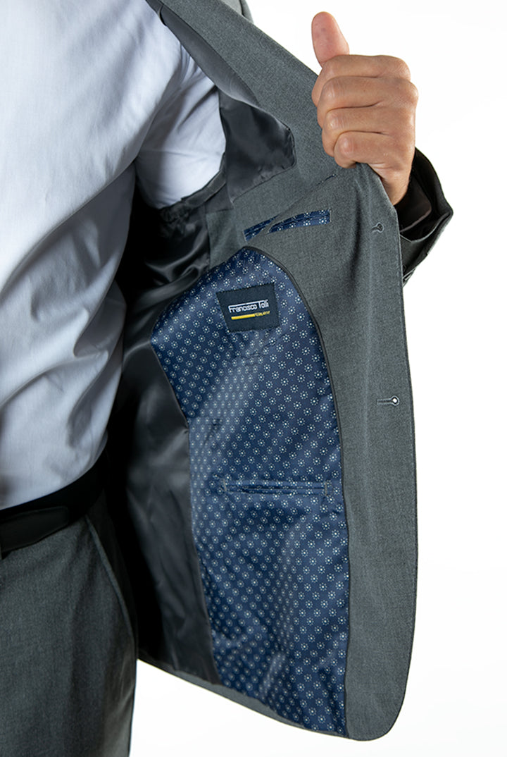 alt="FRANCISCO TOLLI regular solid suit formal 2 button 2 vent dark grey side pocket view"