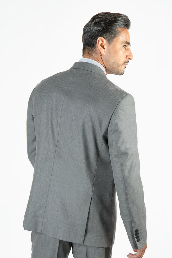 alt="FRANCISCO TOLLI regular solid suit formal 2 button 2 vent light grey back view"