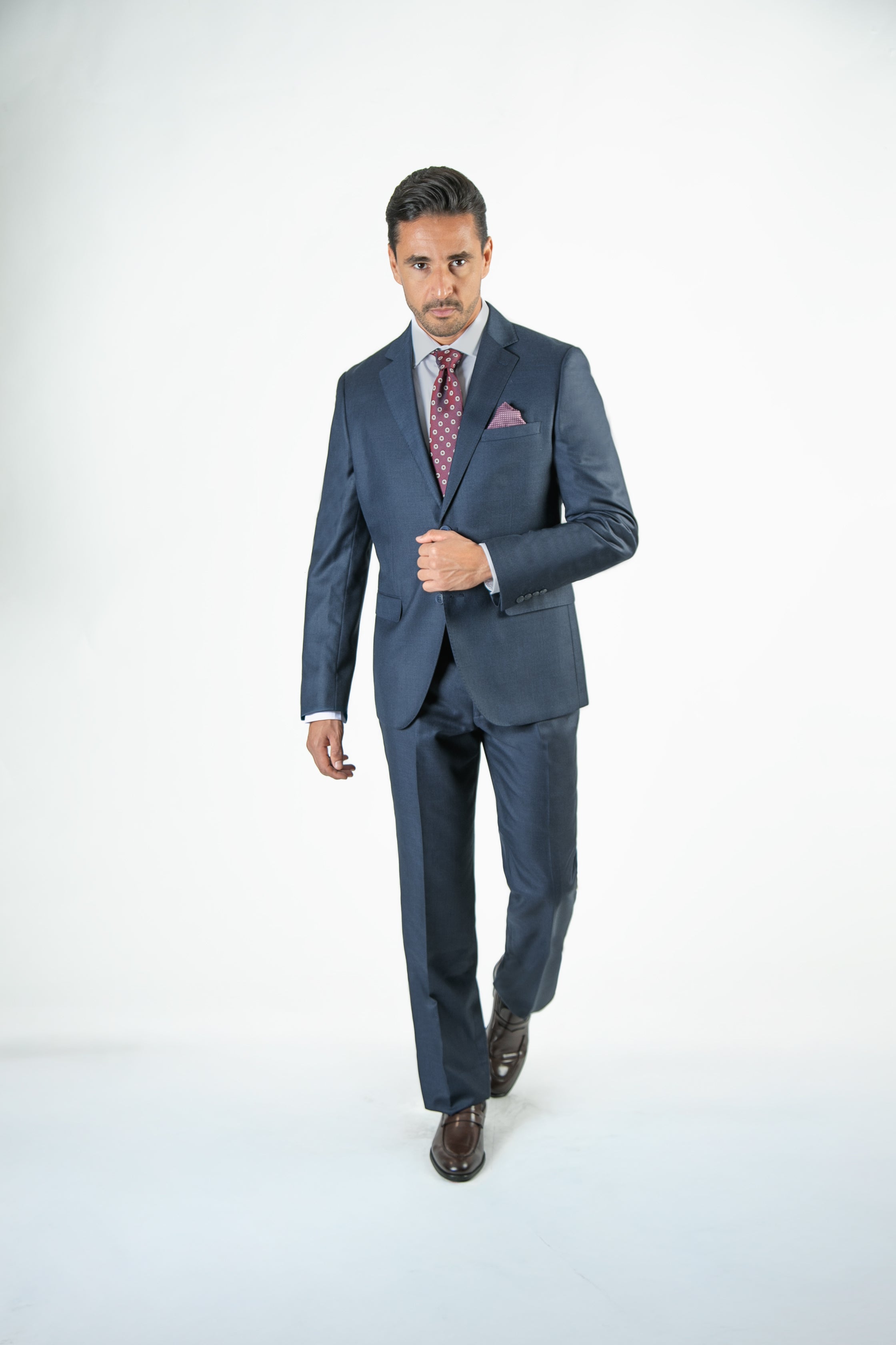 alt="FRANCISCO TOLLI regular solid suit formal 2 button 2 vent navy front full view"