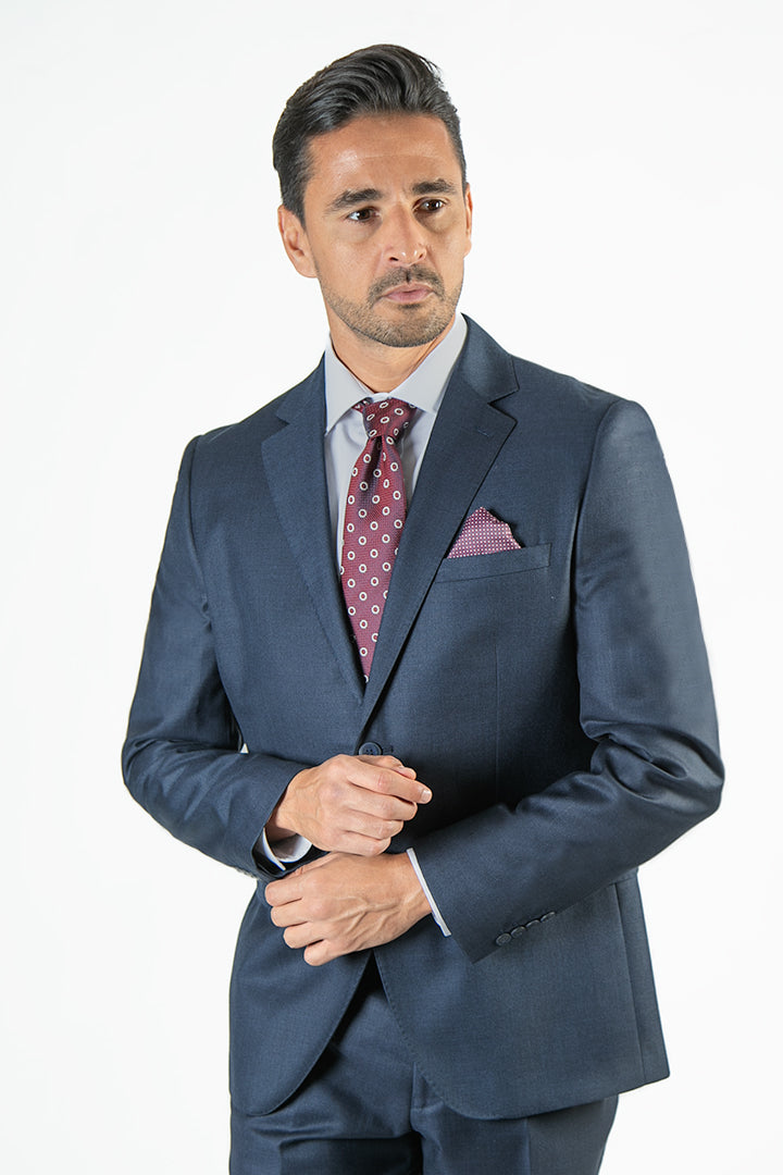 alt="FRANCISCO TOLLI regular solid suit formal 2 button 2 vent navy front view"