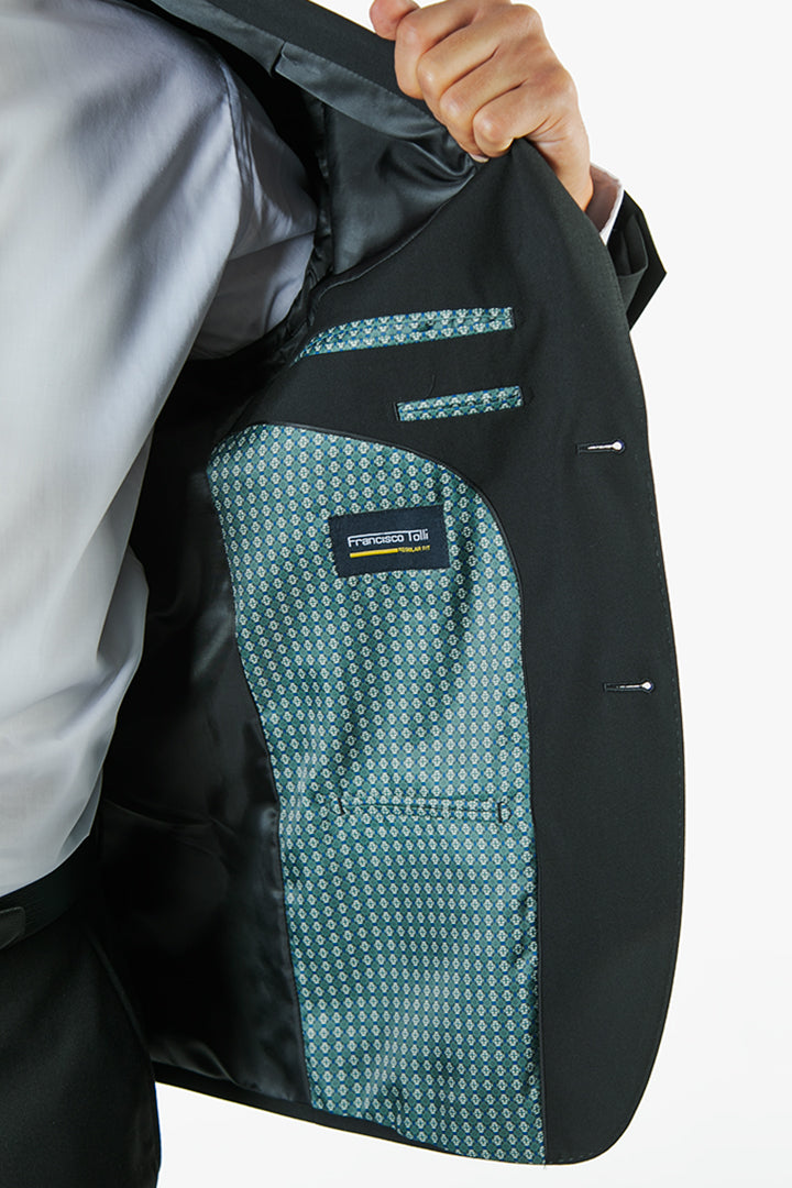alt="FRANCISCO TOLLI regular solid suit formal 2 button 2 vent black side pocket view"