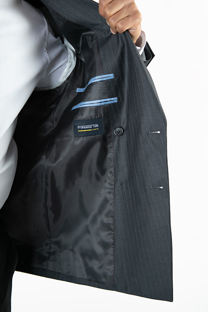 alt="FRANCISCO TOLLI slim striped suit formal double breasted dark grey side pocket view"