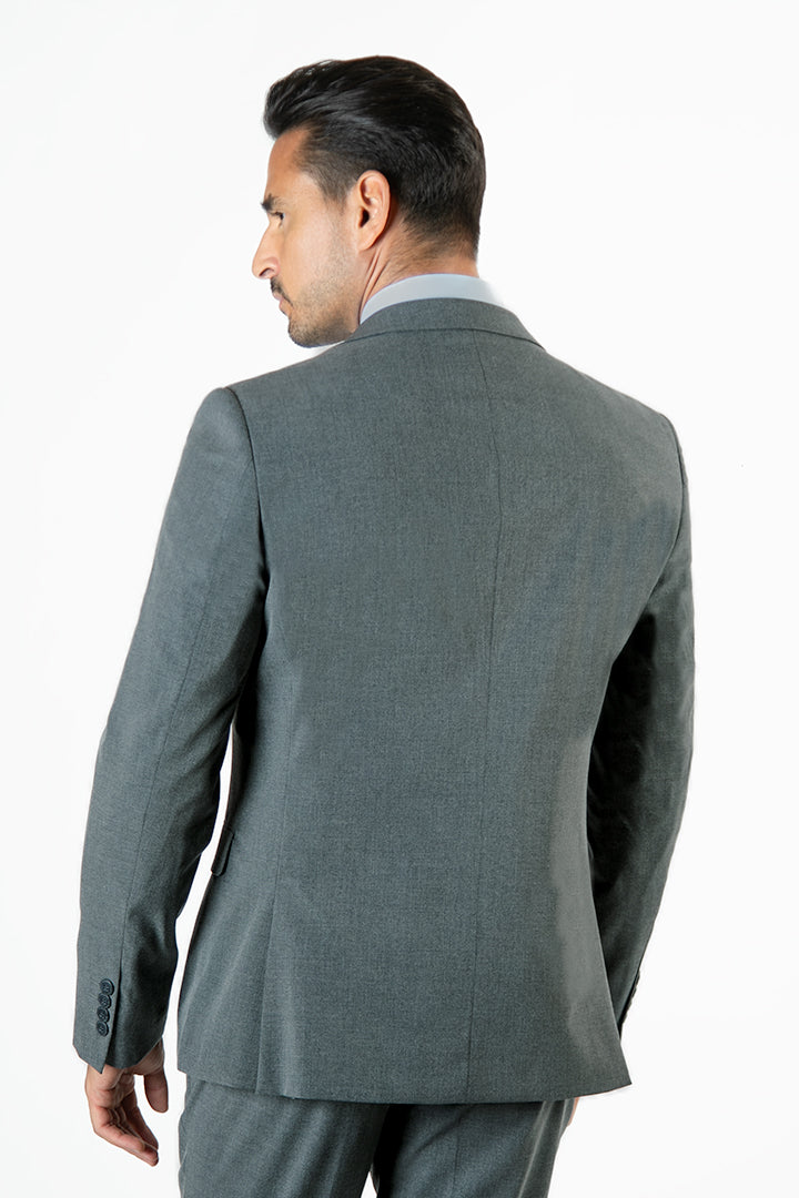 alt="FRANCISCO TOLLI slim solid suit formal 2 button 2 vent dark grey back view"