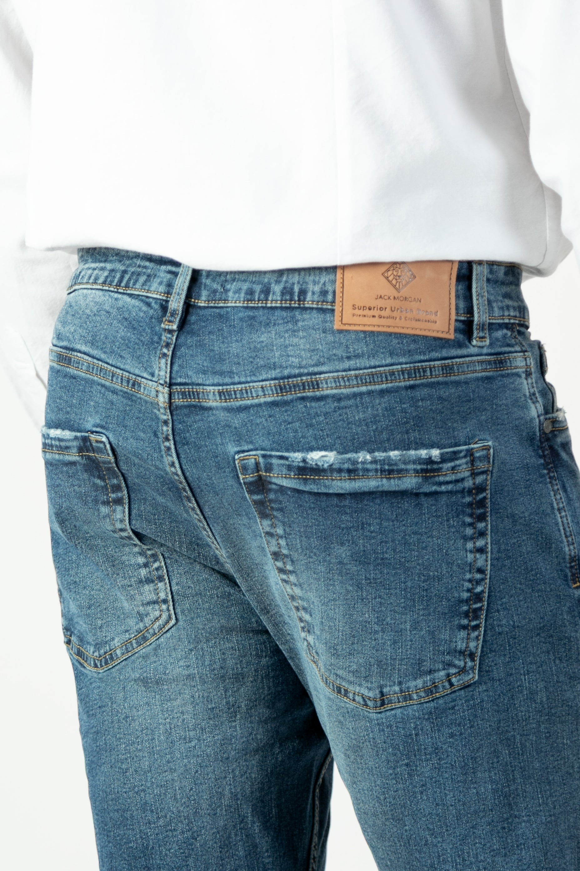 alt="Jack Morgan blue slim straight denim jeans 5 pocket back view"