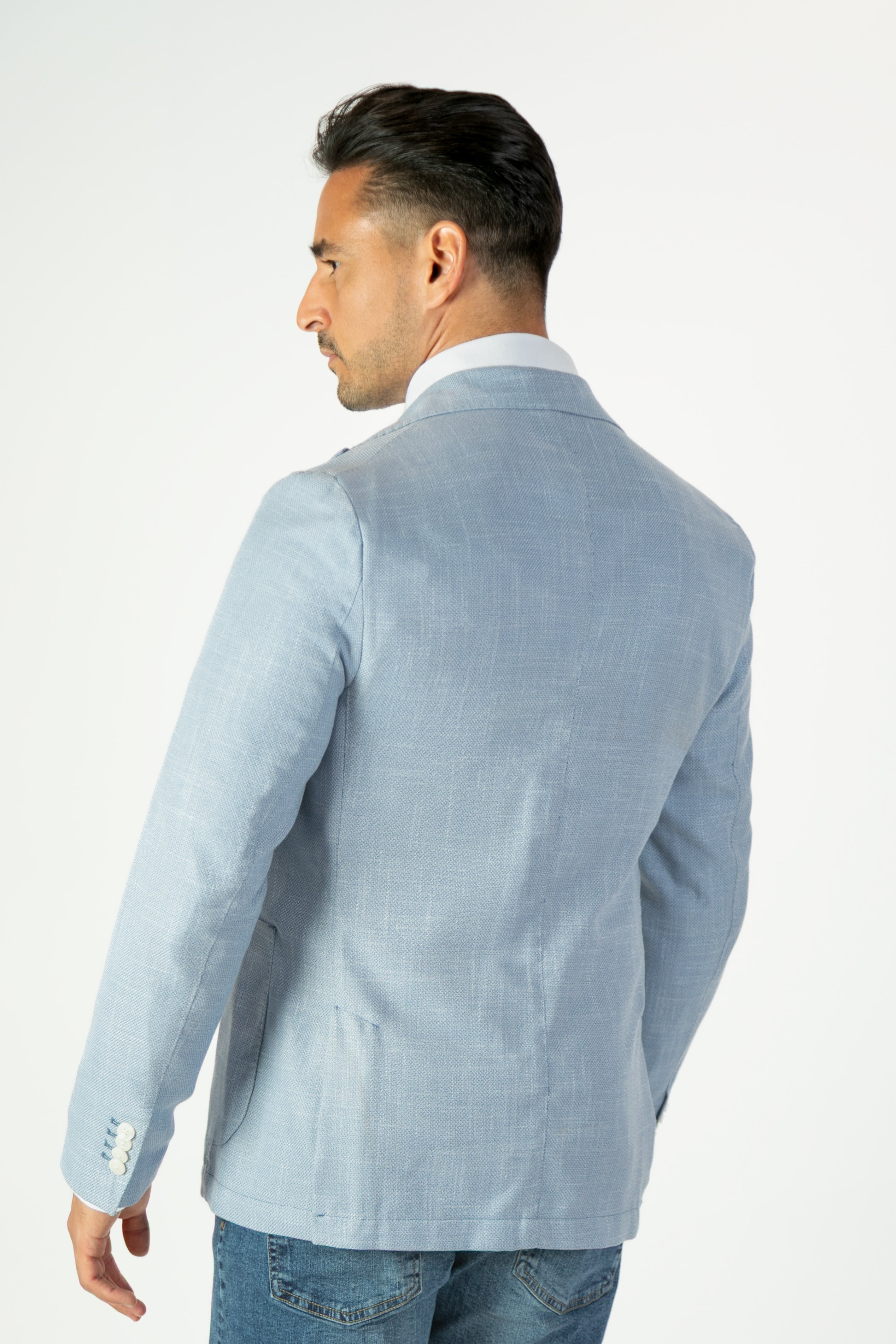 alt="Jack Morgan blue slim self design jacket casual back view"