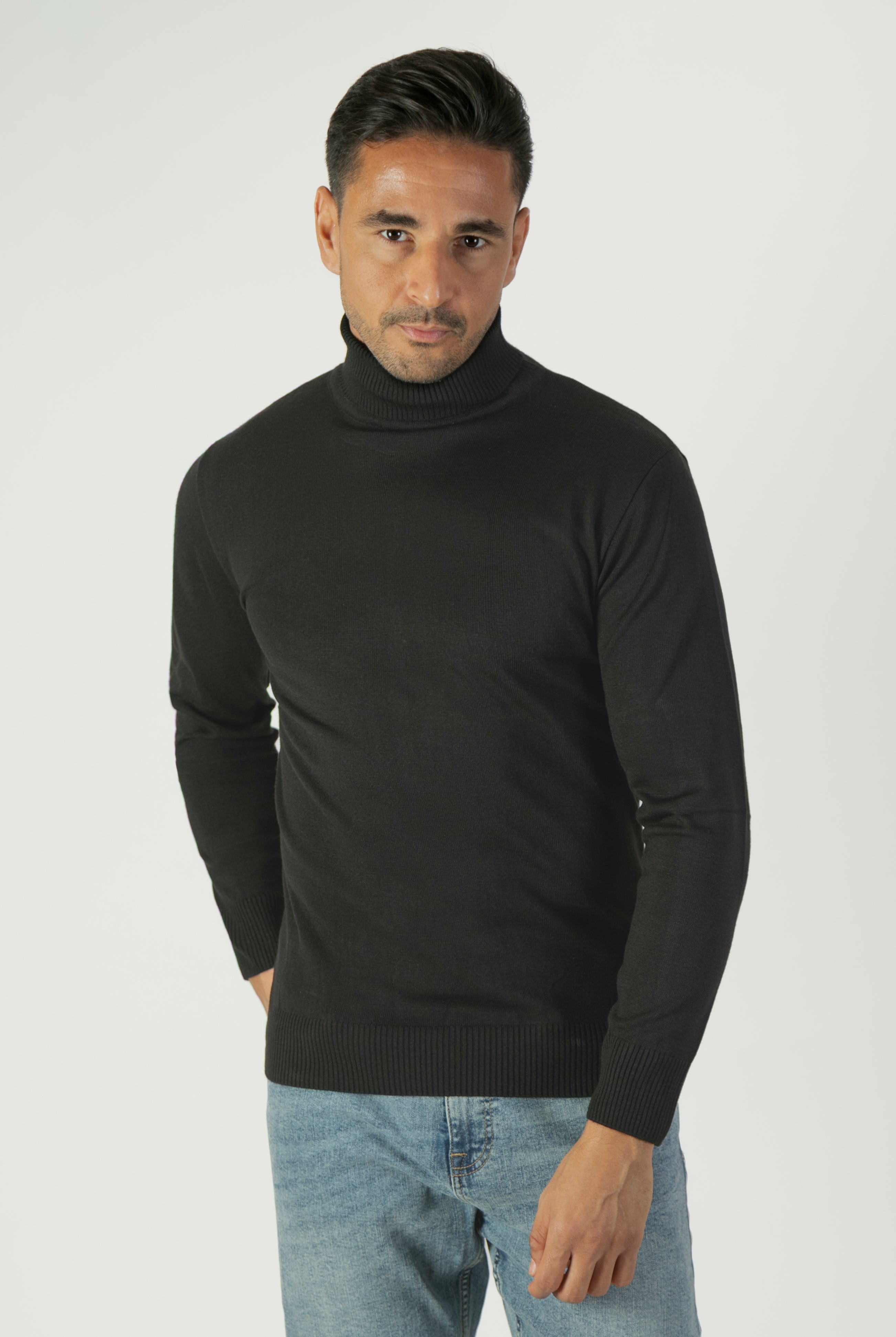alt="JACK MORGAN tailored solid black pullover turtleneck full sleeve men's sweater front view"