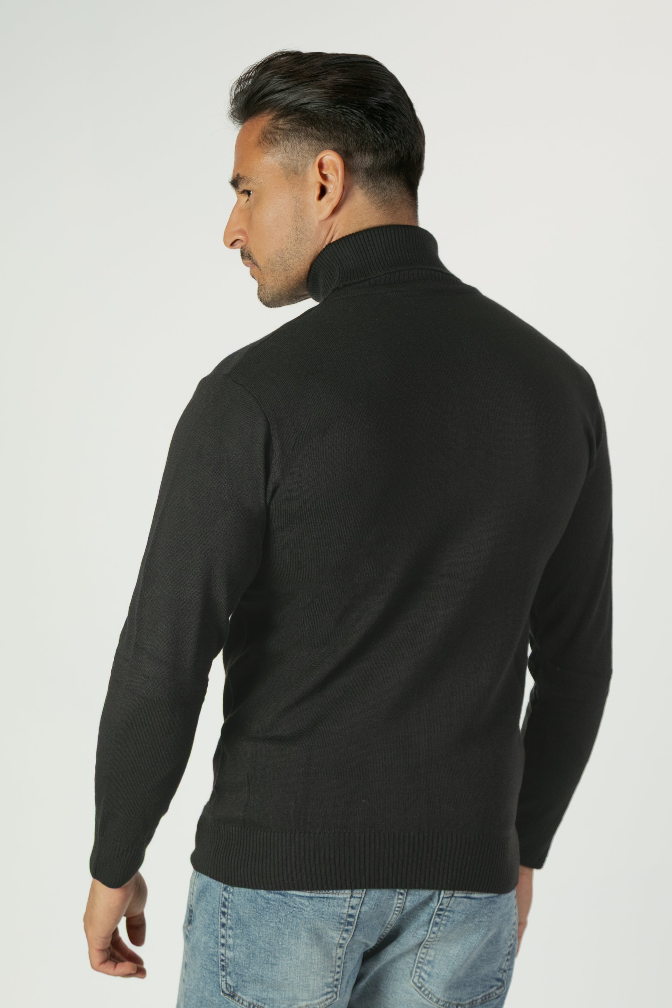 alt="JACK MORGAN tailored solid black pullover turtleneck full sleeve men's sweater back view"