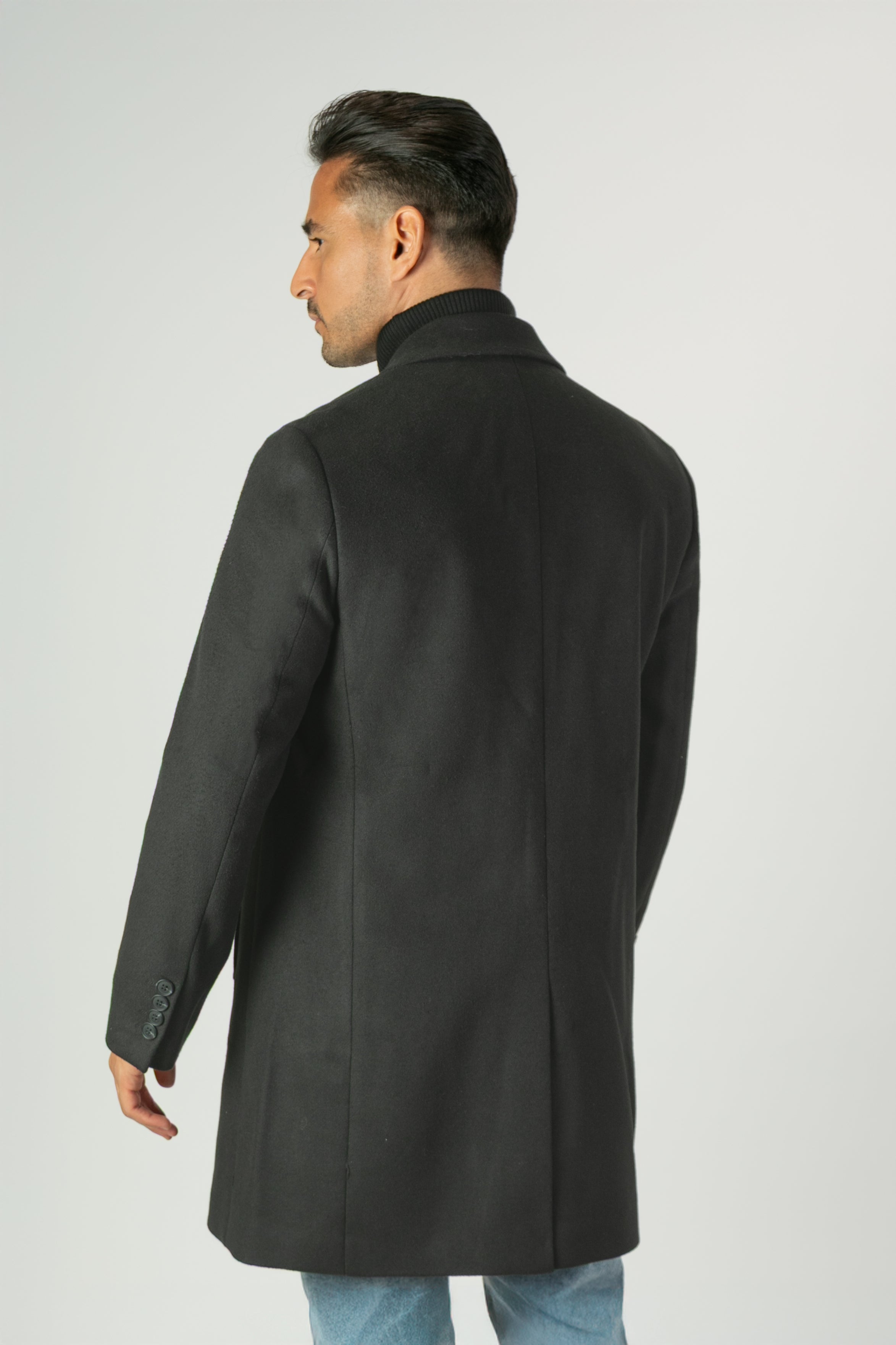 alt="Jack Morgan black slim self design coat casual winter back view"