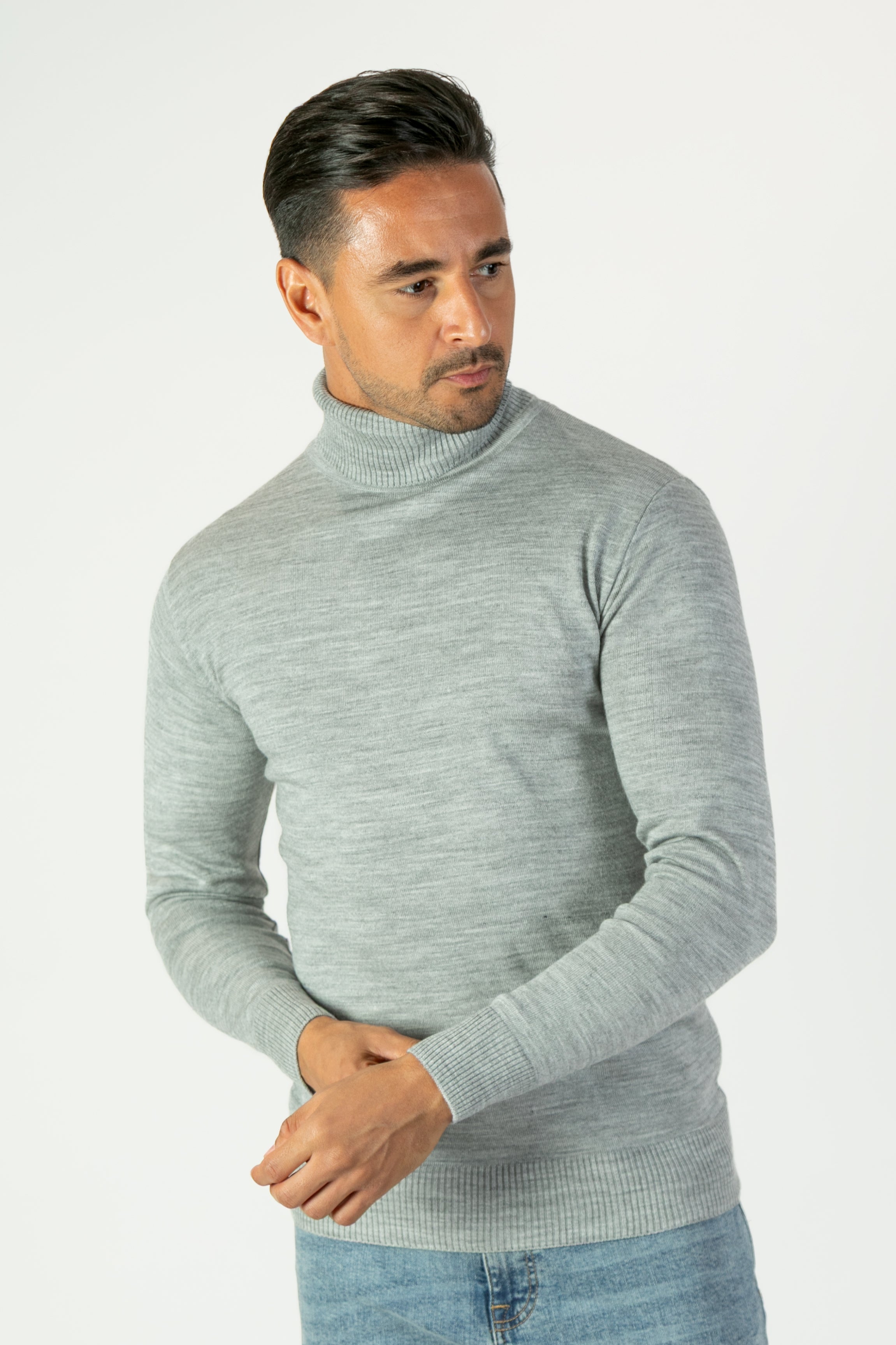 alt="JACK MORGAN tailored solid light grey pullover turtleneck full sleeve men's sweater front view"