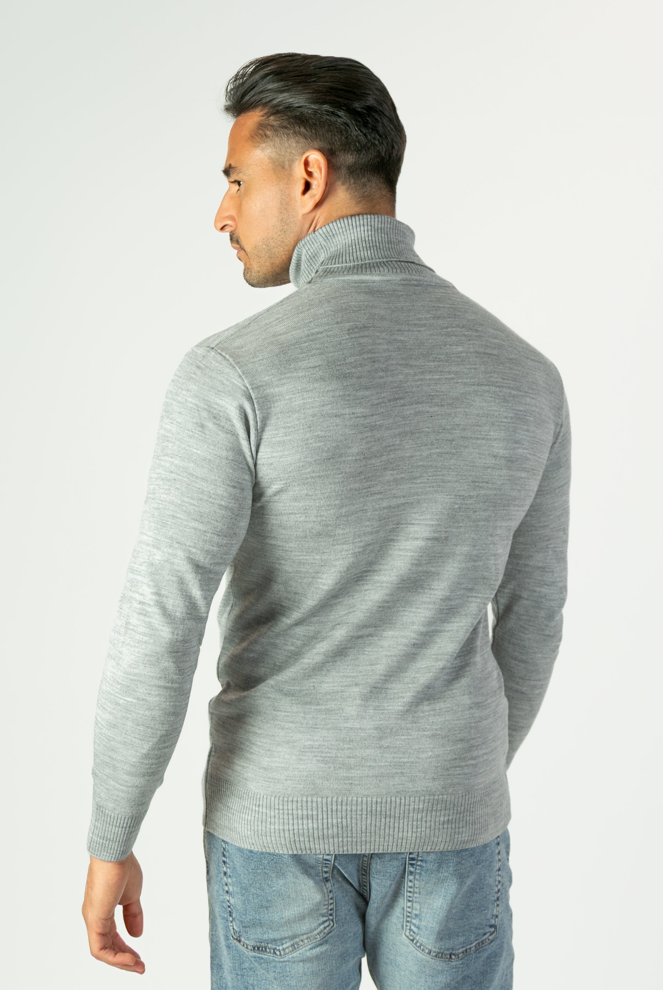 alt="JACK MORGAN tailored solid light grey pullover turtleneck full sleeve men's sweater back view"