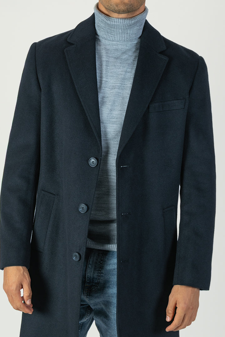 alt="Jack Morgan navy slim self design coat casual winter front close view"