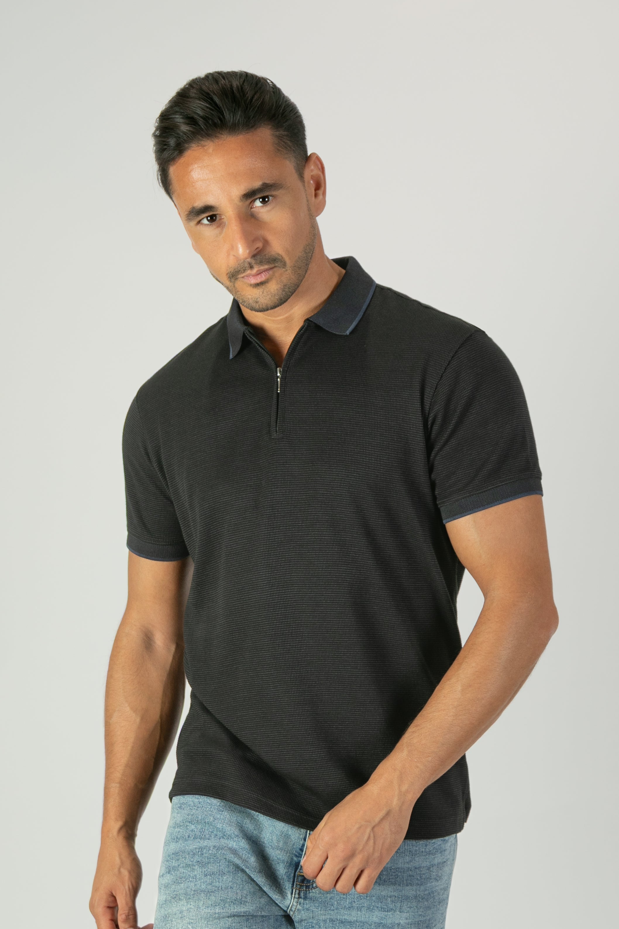 alt="Jack Morgan black regular plain t-shirt/polo with zipper neck opening front view"