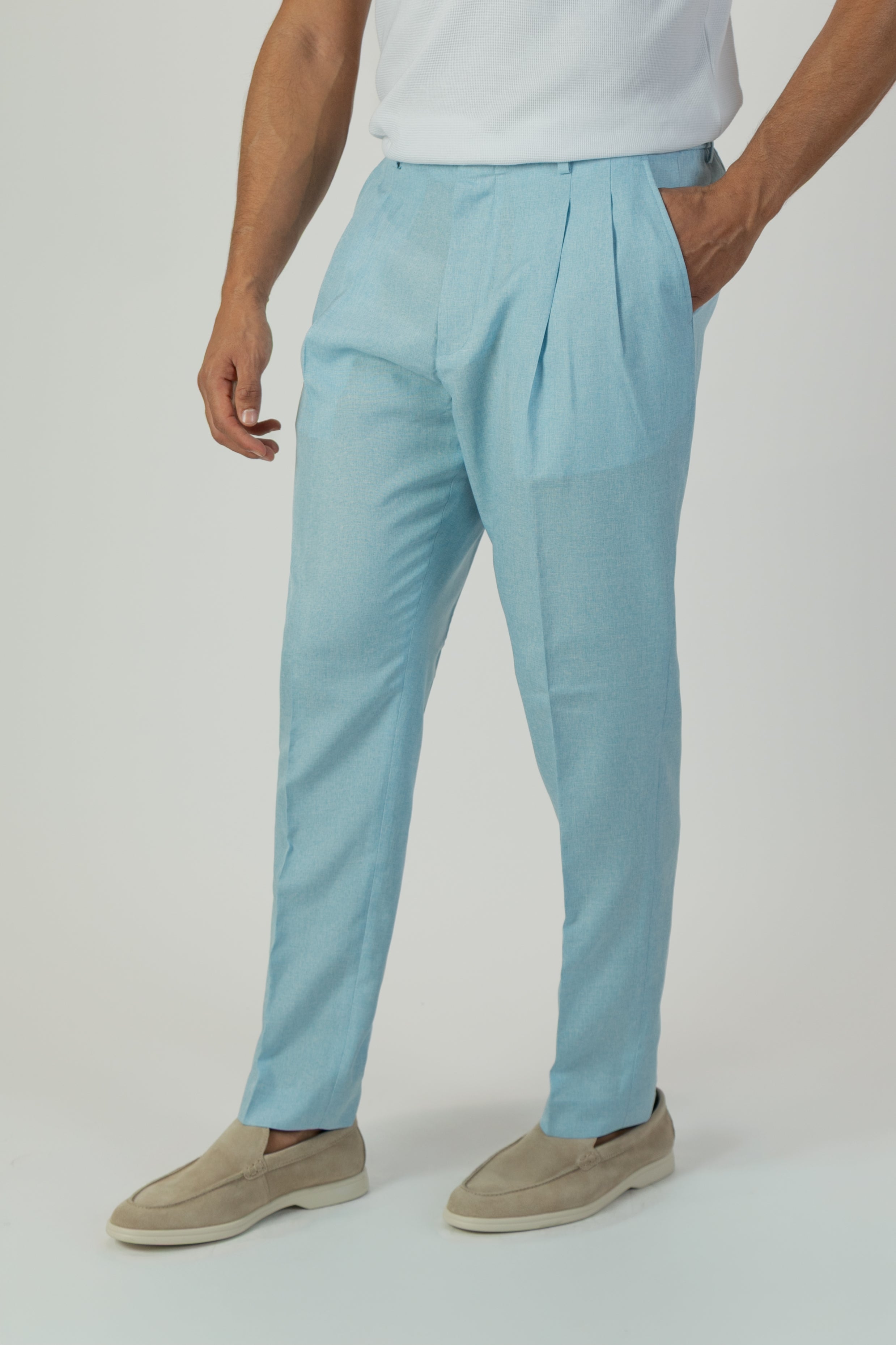alt="Jack Morgan sky blue slim fresco trouser formal with extended tab closure front view"
