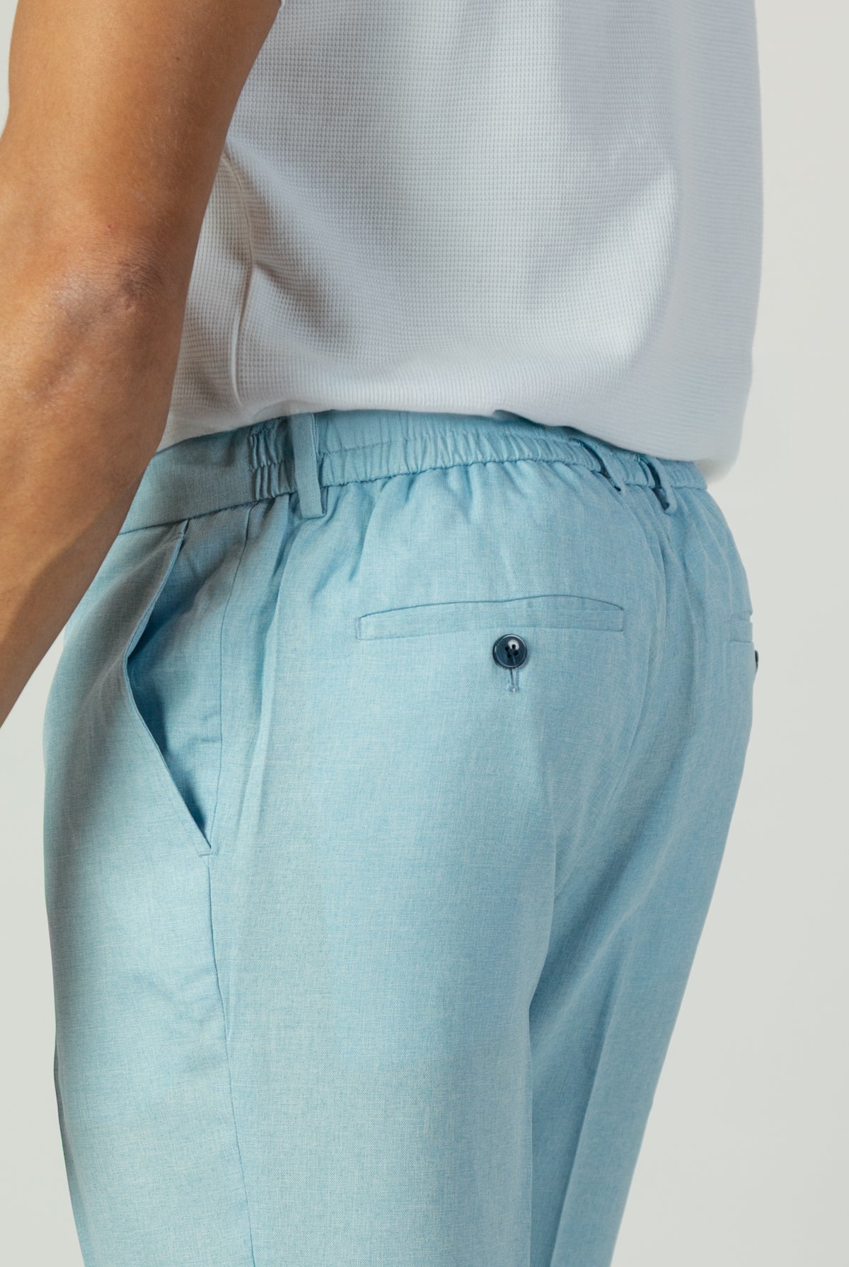 alt="Jack Morgan sky blue slim fresco trouser formal with drawstring back view"