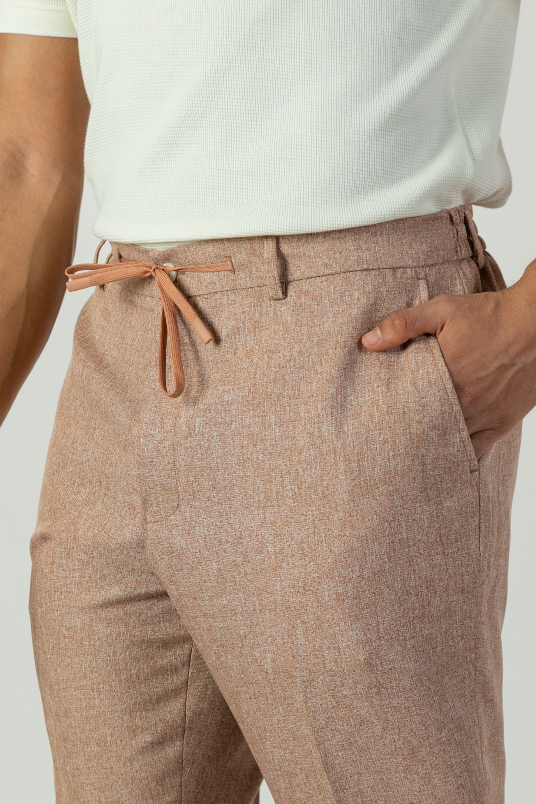 alt="Jack Morgan brick slim fresco trouser formal with drawstring front close view"