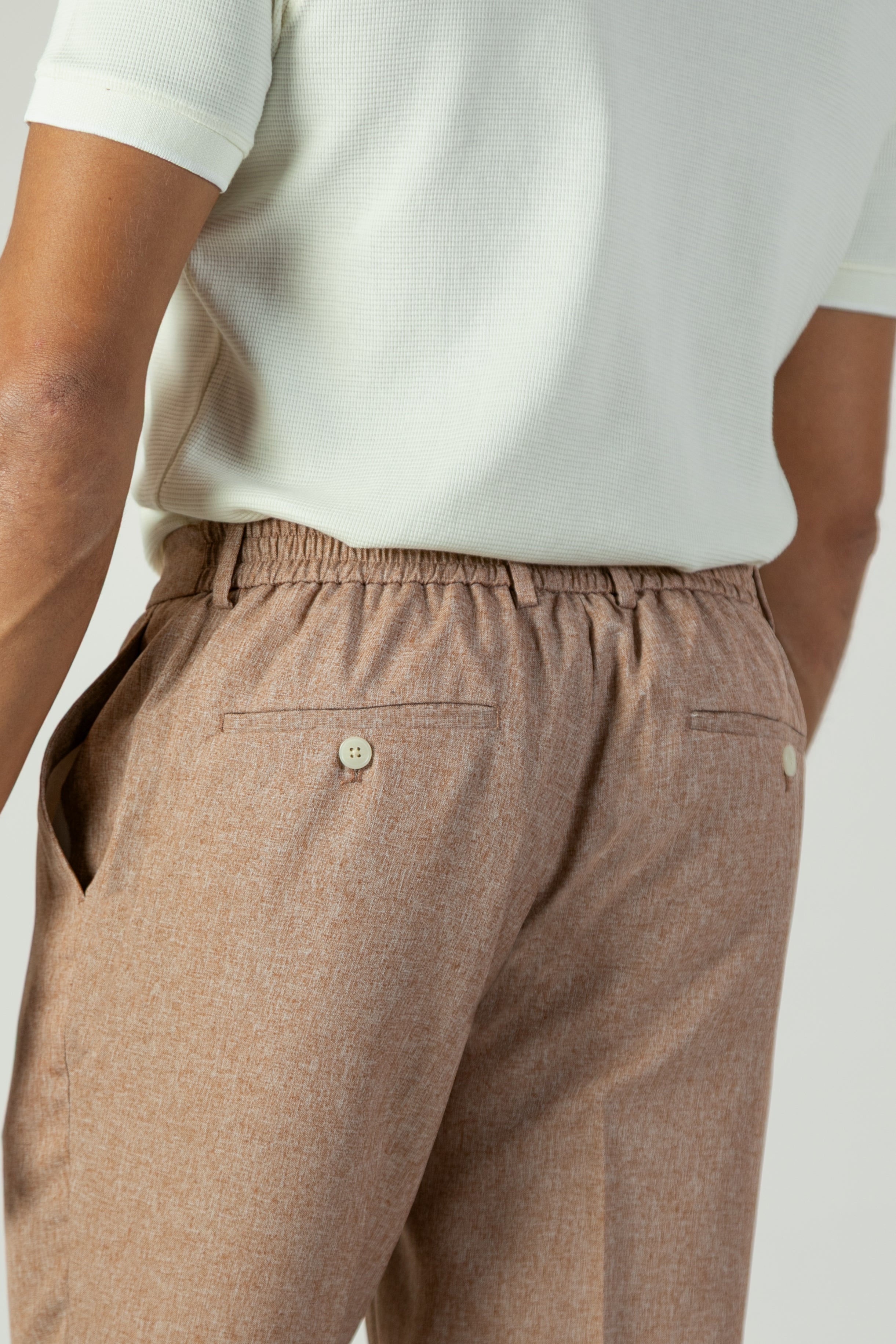 alt="Jack Morgan brick slim fresco trouser formal with drawstring back view"