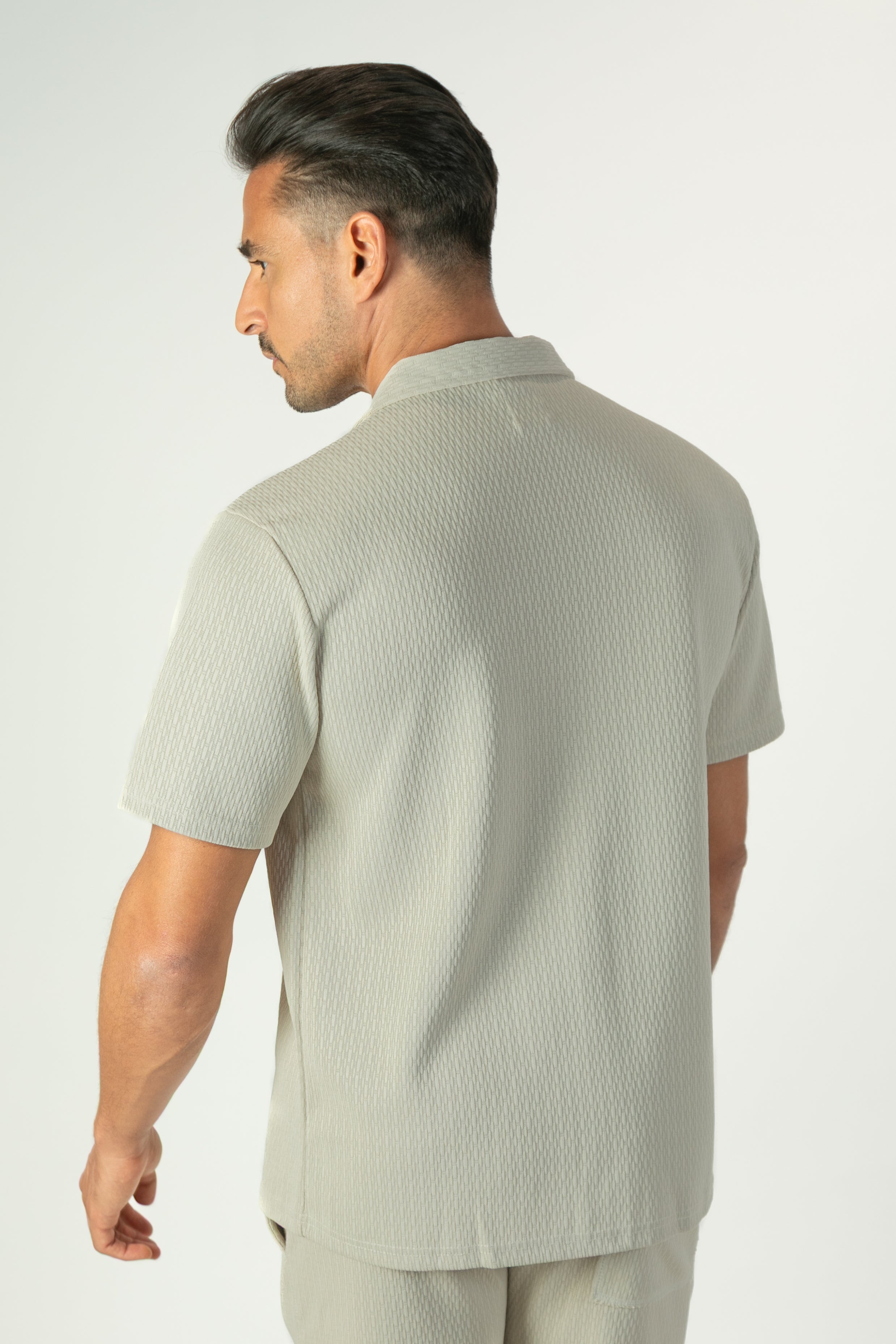 alt="Jack Morgan beige tailored casual half sleeve shirt with lapel collar back view"