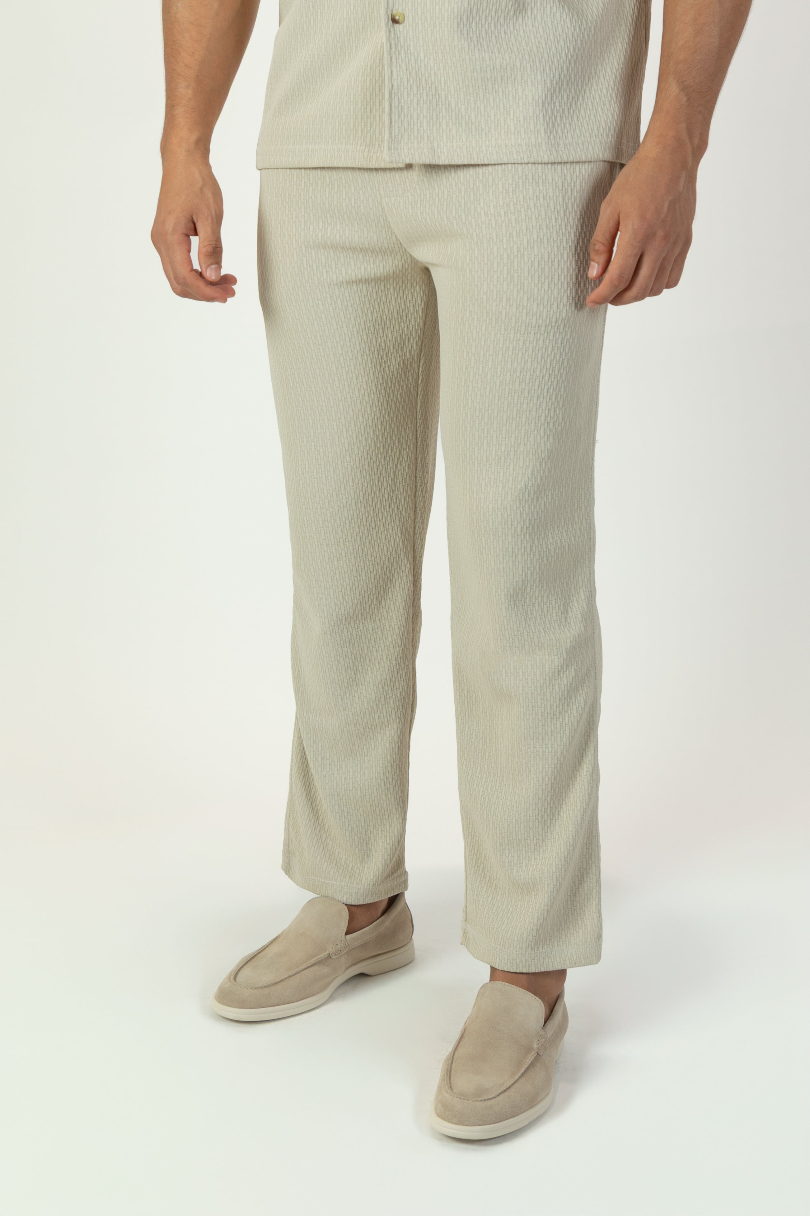 alt="Jack Morgan beige tailored knitted trouser casual co-ord pant with lace front view"
