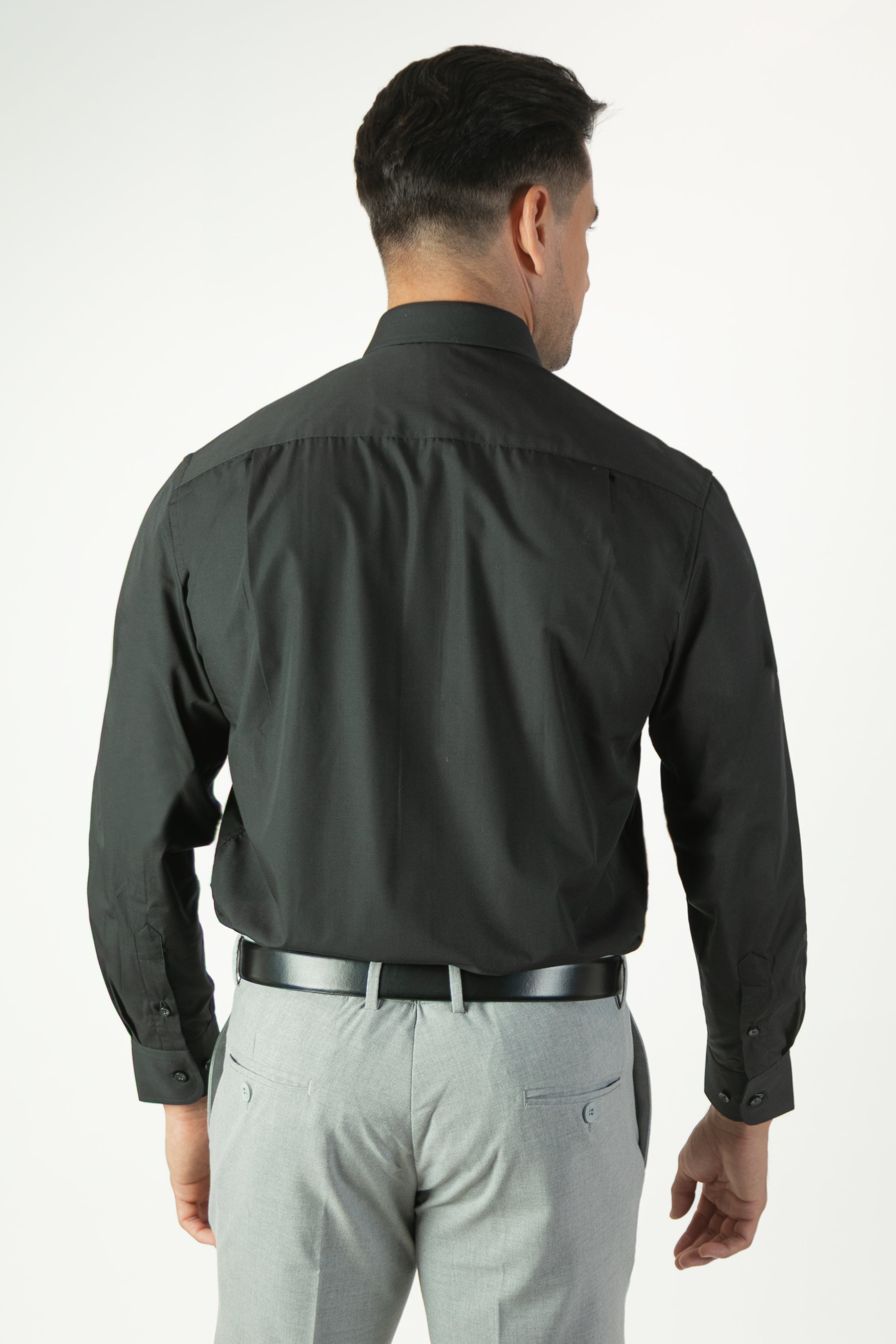 alt="JACK MORGAN regular solid spread collar formal full sleeve bamboo shirt black back view"