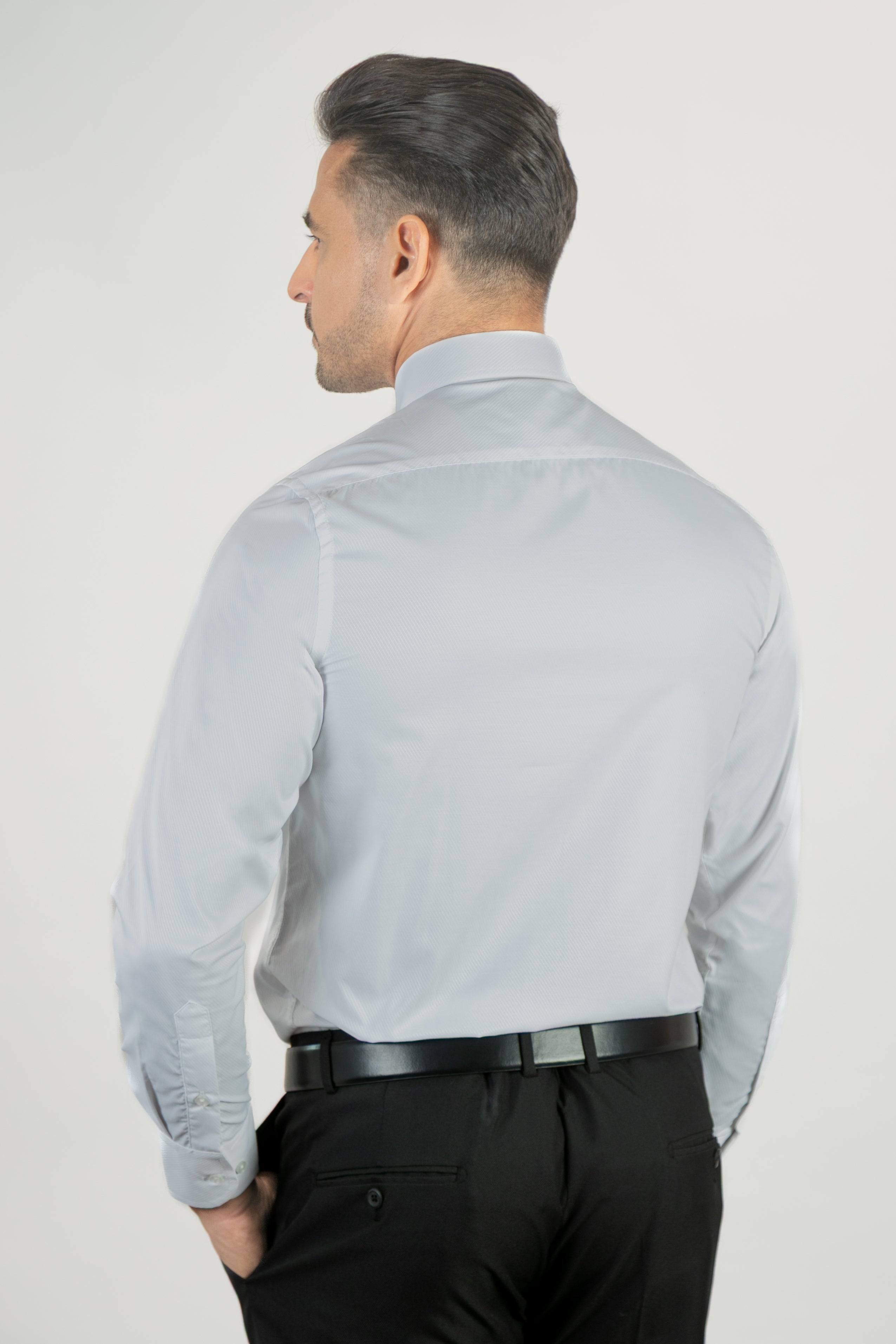 alt="Alberto Paolucci white slim diagonal texture formal full sleeve shirt back view"