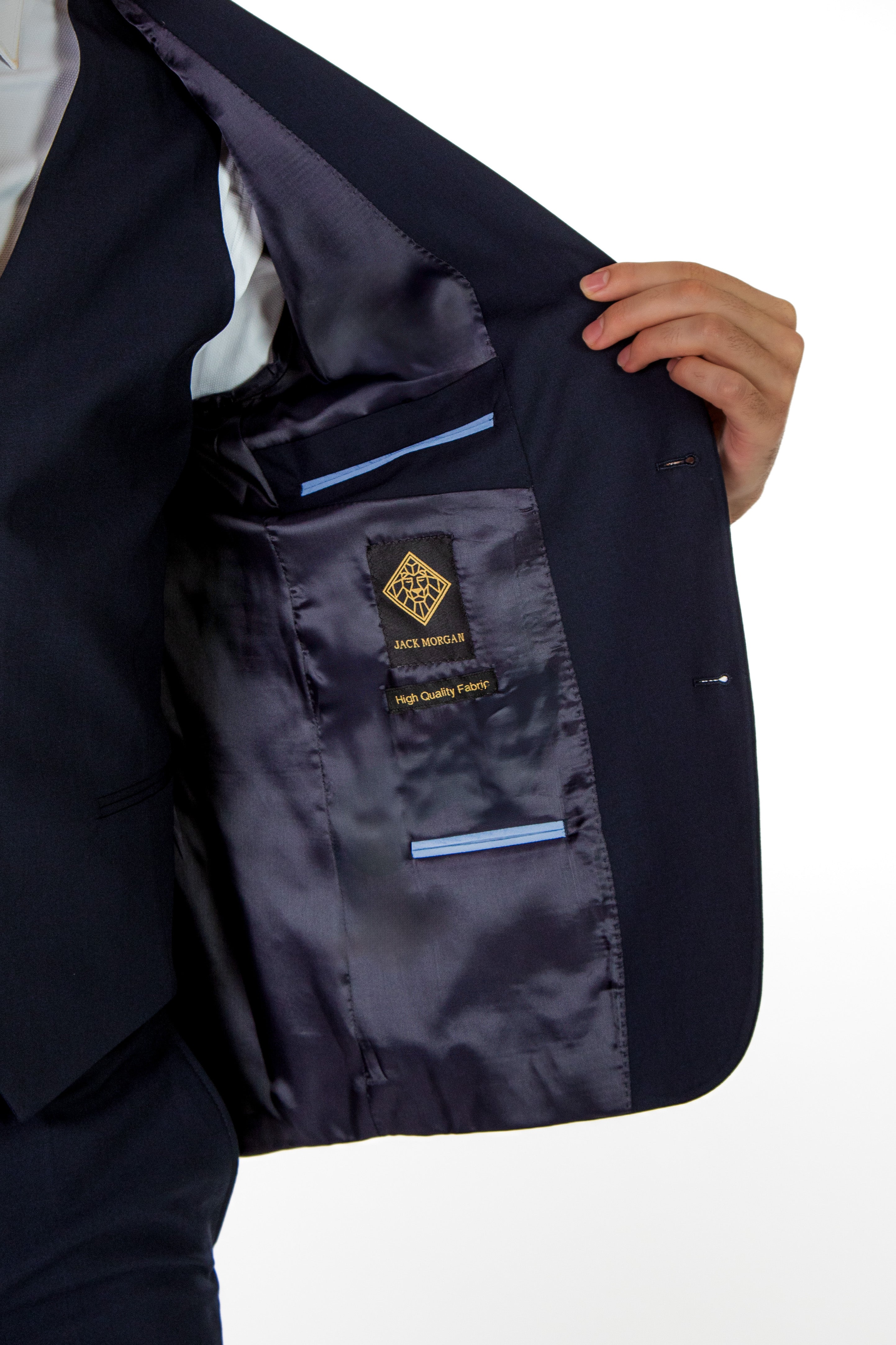 alt="JACK MORGAN slim solid suit formal 2 button 2 vent with vest navy side pocket view"