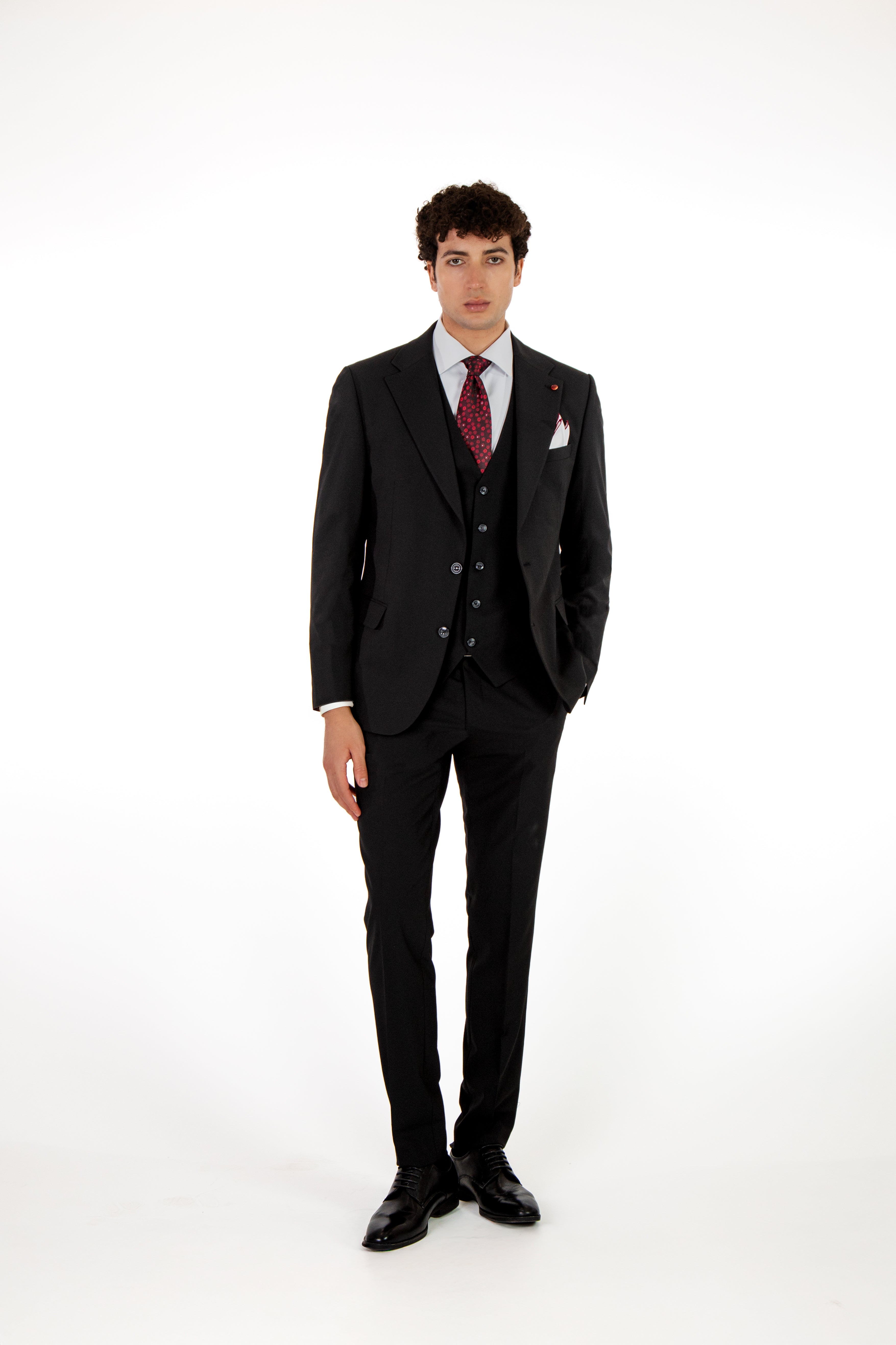 alt="JACK MORGAN slim solid suit formal 2 button 2 vent with vest black front full view"