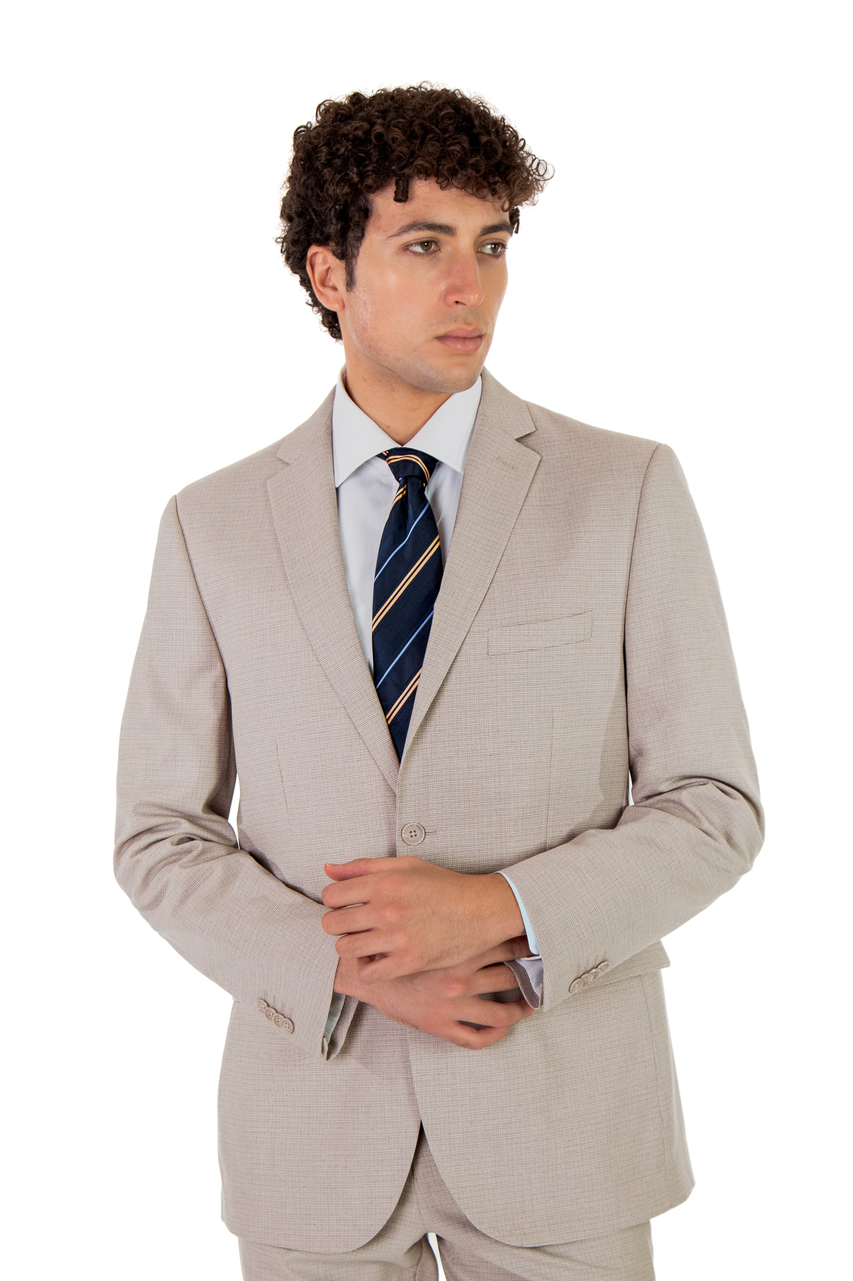 alt="MOSAIQUE slim texture suit formal 2 button 2 vent beige front view"
