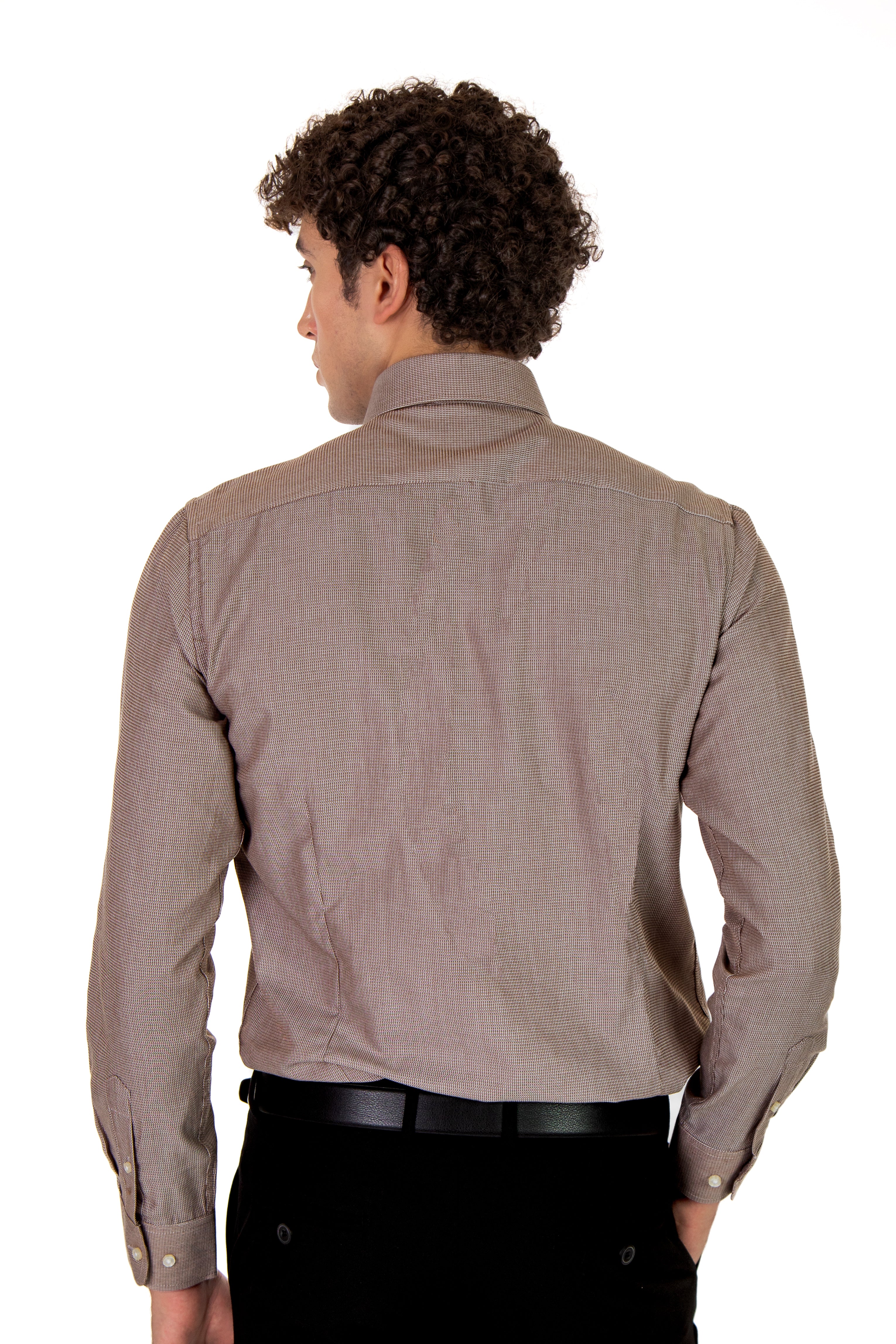alt="MOSAIQUE slim texture shirt formal full sleeve brown back view"