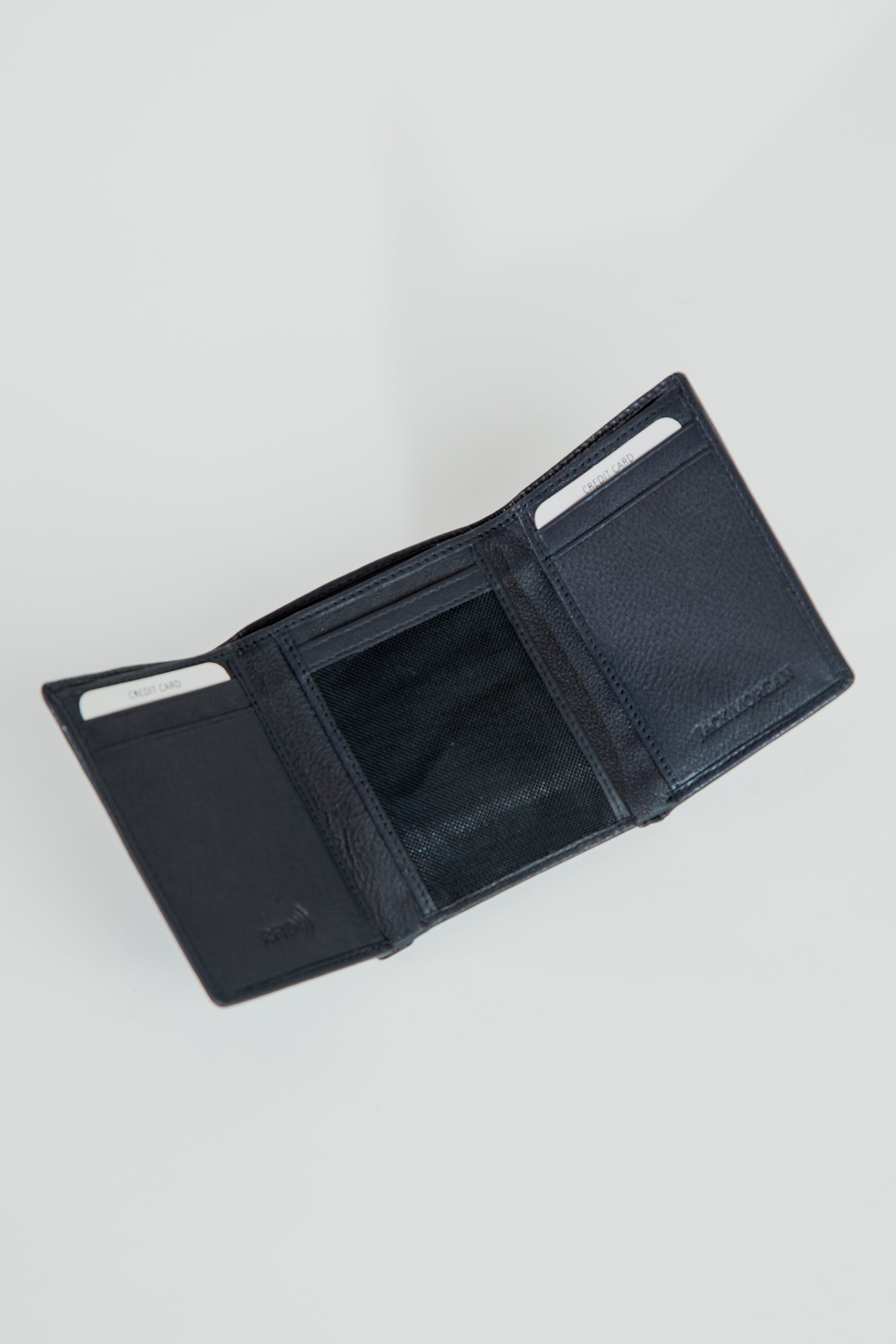 alt="JACK MORGAN trifold with magnetic closure accessories wallet navy open view"