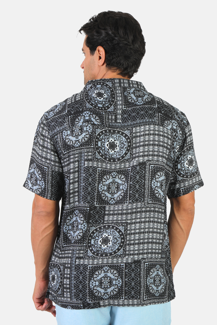 alt="Jack Morgan navy/white tailored casual half sleeve with lapel shirt back view"