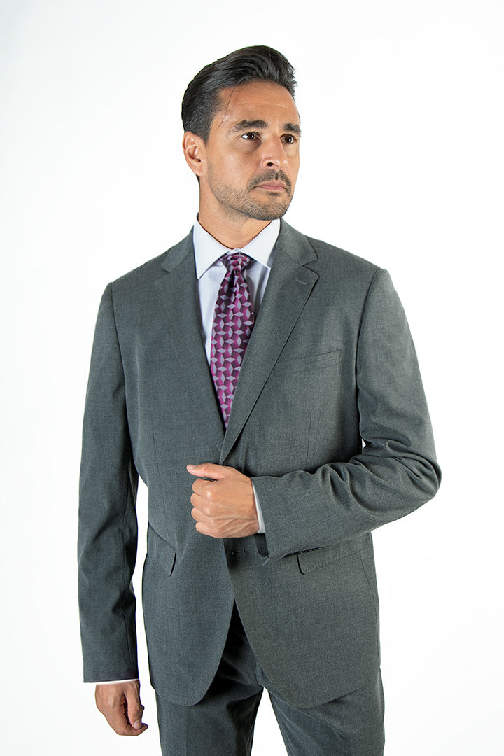 alt="FRANCISCO TOLLI regular solid suit formal 2 button 2 vent dark grey front view"