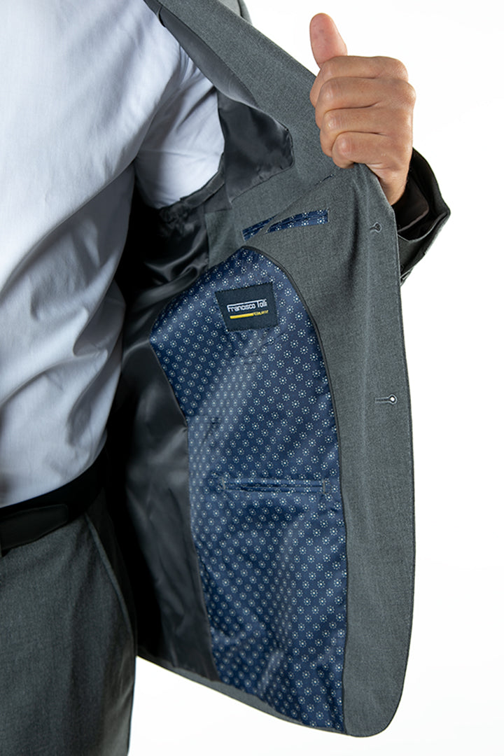 alt="FRANCISCO TOLLI regular solid suit formal 2 button 2 vent dark grey side pocket view"