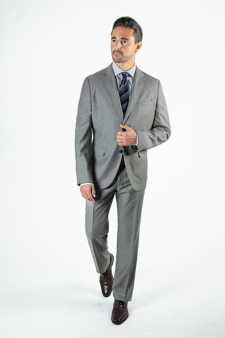 alt="FRANCISCO TOLLI regular solid suit formal 2 button 2 vent light grey front full view"