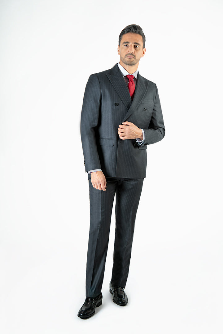 alt="FRANCISCO TOLLI slim striped suit formal double breasted dark grey full view"
