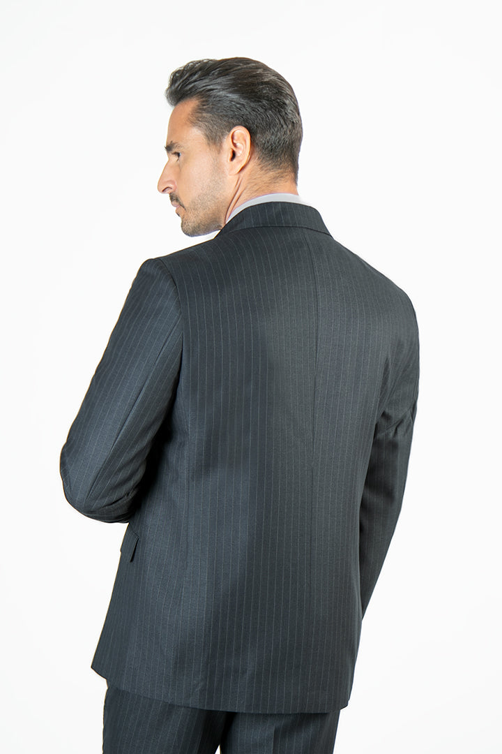 alt="FRANCISCO TOLLI slim striped suit formal double breasted dark grey back view"