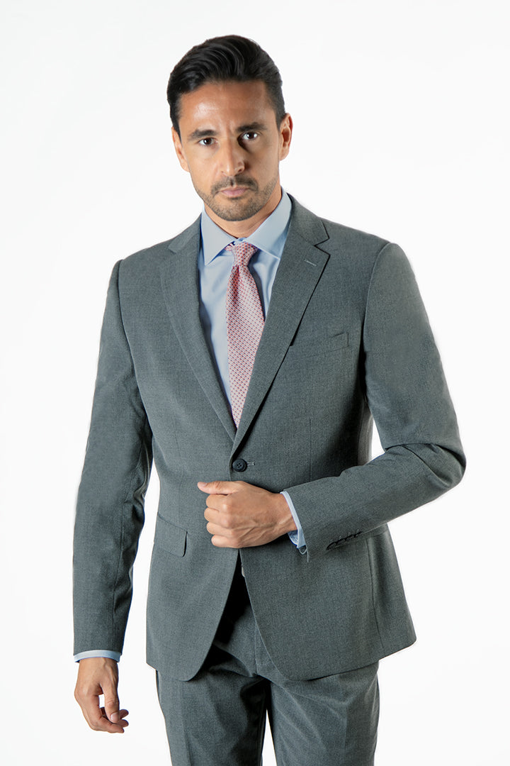 alt="FRANCISCO TOLLI slim solid suit formal 2 button 2 vent dark grey front view"