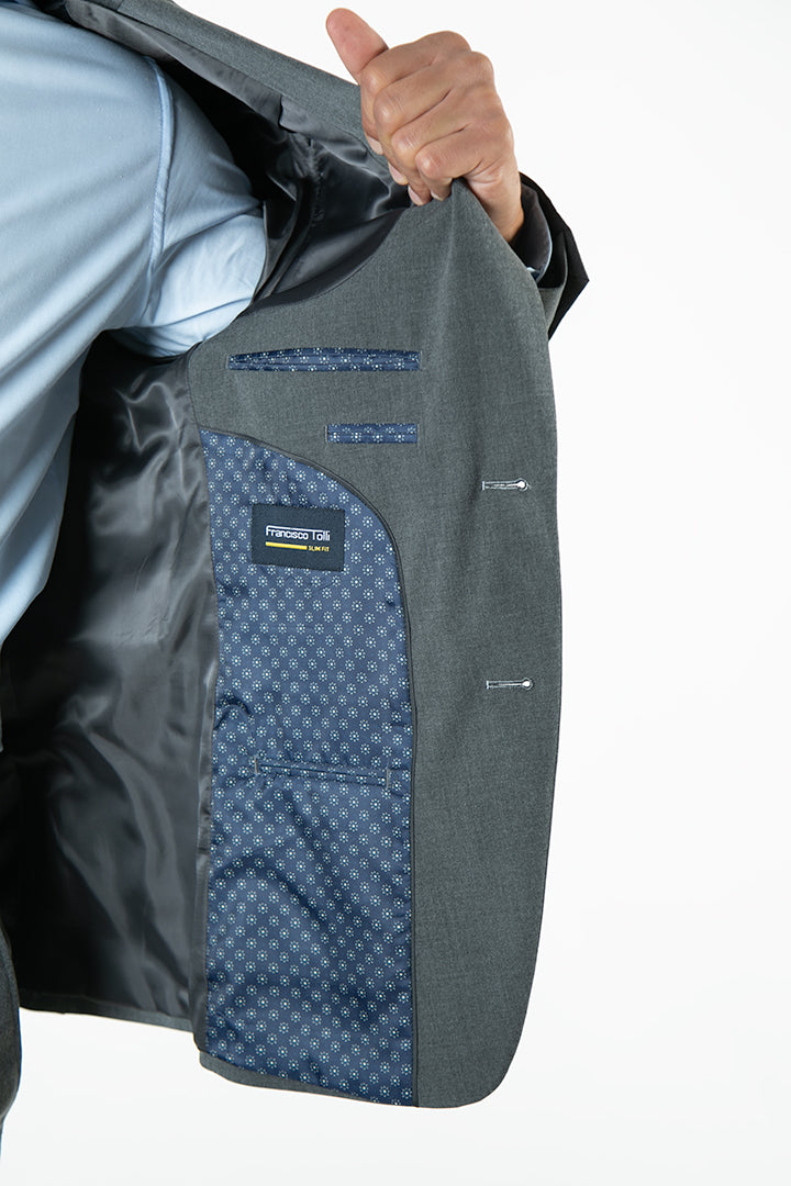 alt="FRANCISCO TOLLI slim solid suit formal 2 button 2 vent dark grey side pocket view"