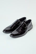 alt="DKS regular tuxedo shoe black patent leather front view"