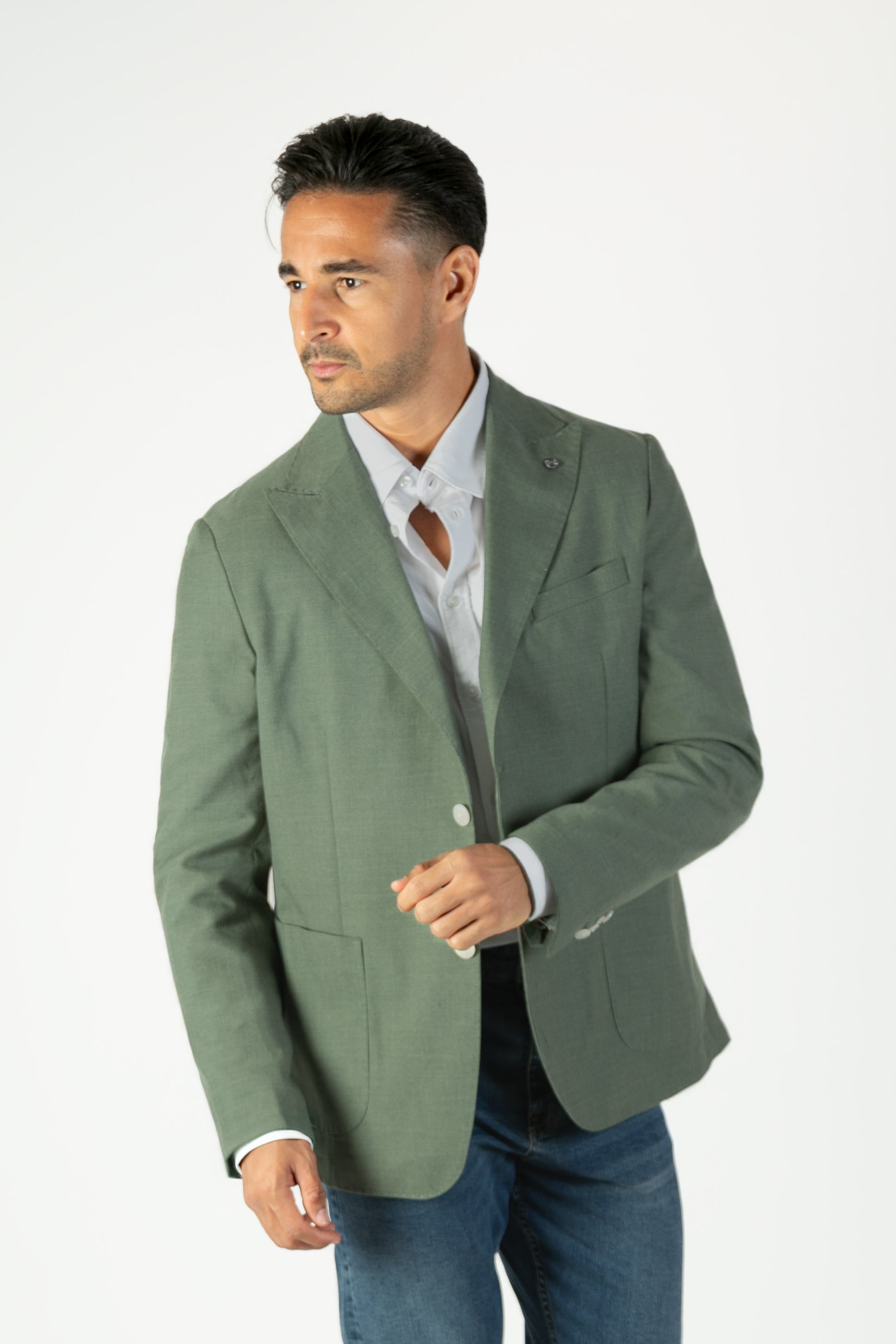 alt="Jack Morgan green slim linen look jacket casual front view"