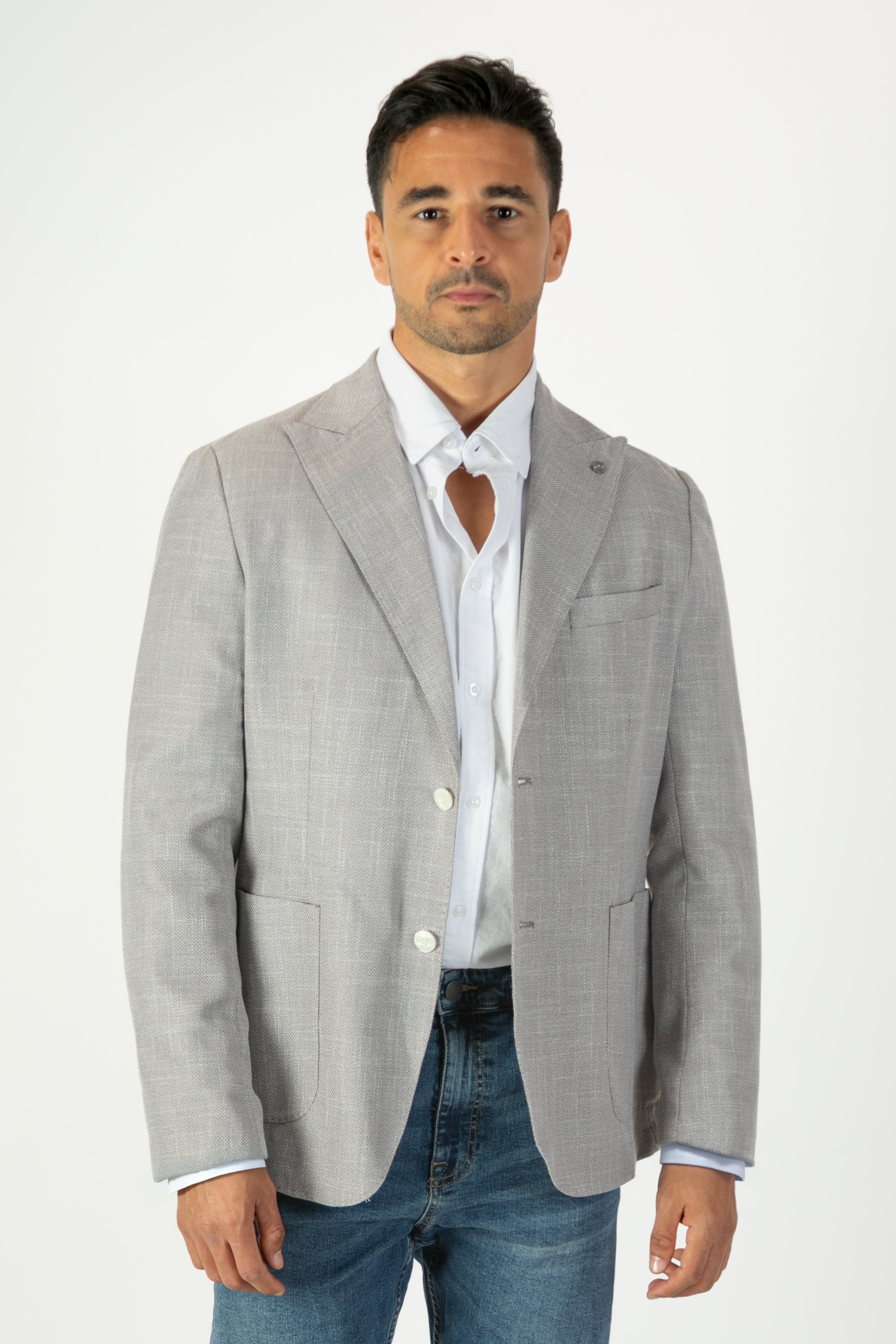 alt="Jack Morgan beige slim self design jacket casual front open view"