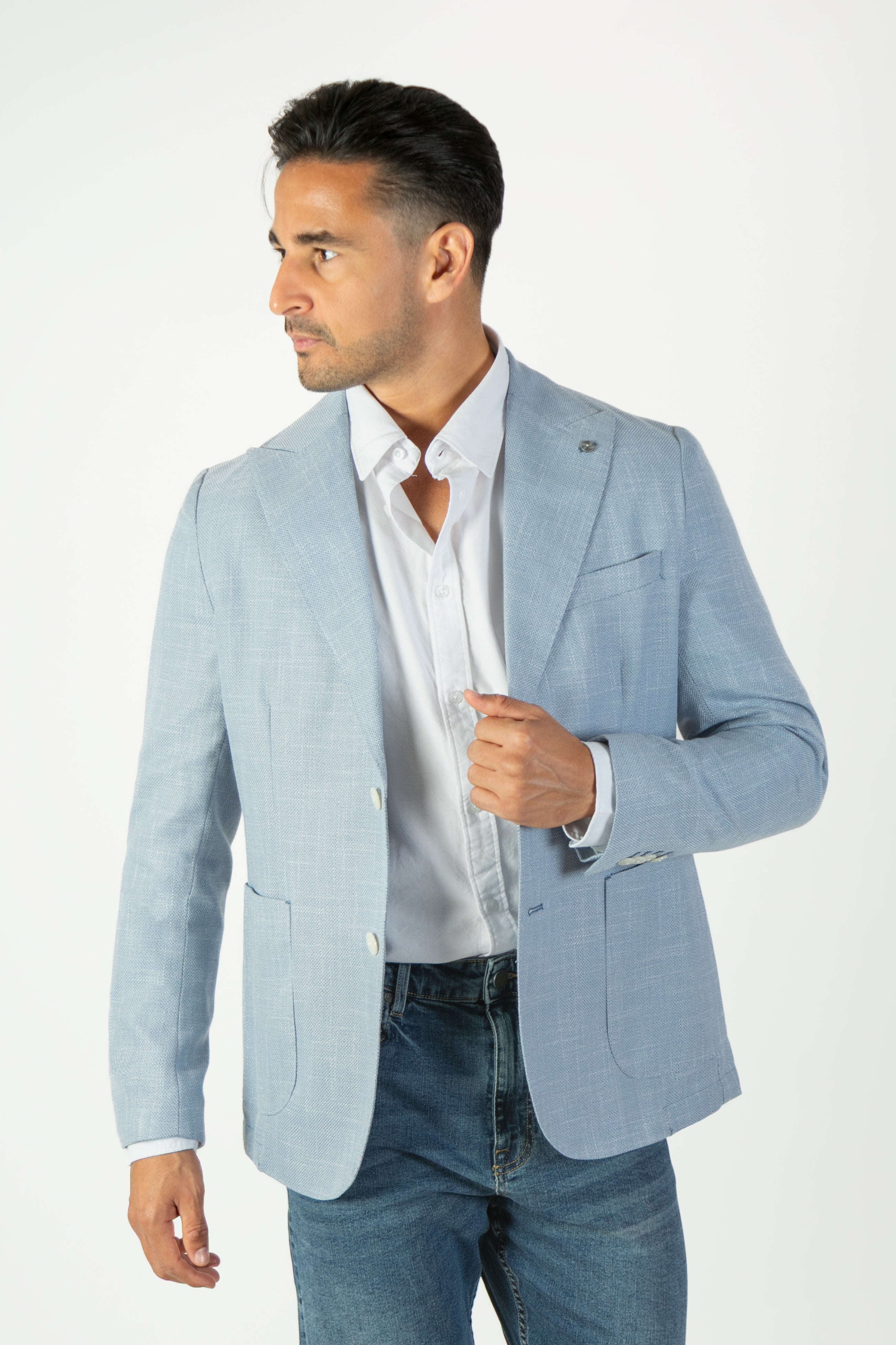 alt="Jack Morgan blue slim self design jacket casual front open view"