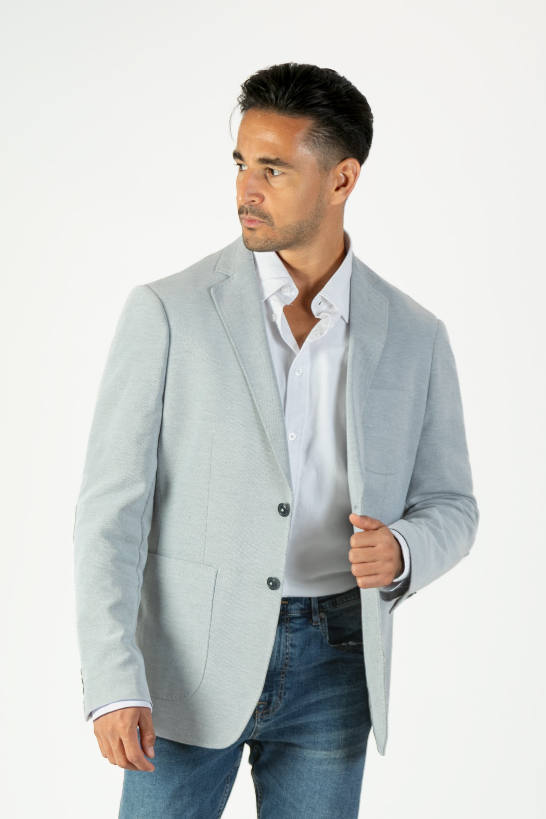 alt="MOSAIQUE slim texture jacket casual light grey front view"