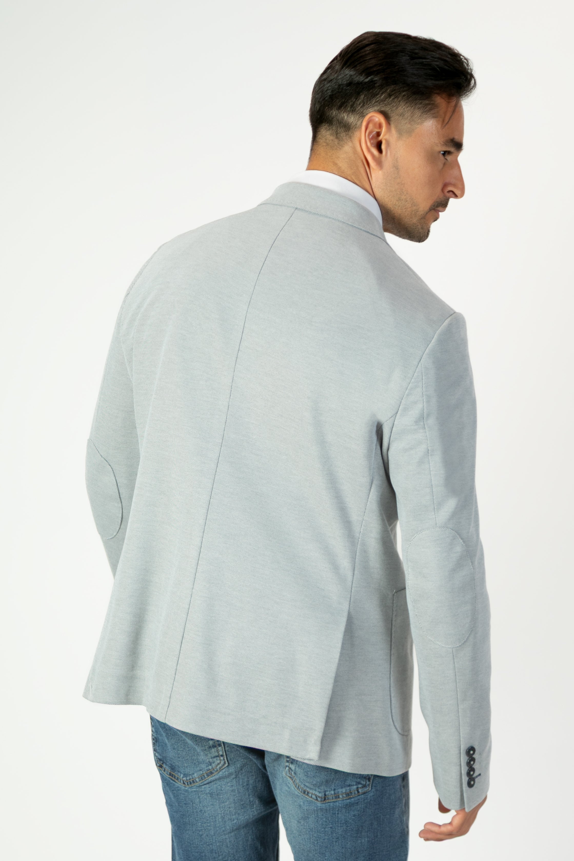 alt="MOSAIQUE slim texture jacket casual light grey back view"