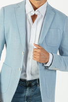 alt="MOSAIQUE slim texture jacket casual light blue front close view"