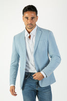 alt="MOSAIQUE slim texture jacket casual light blue front view"