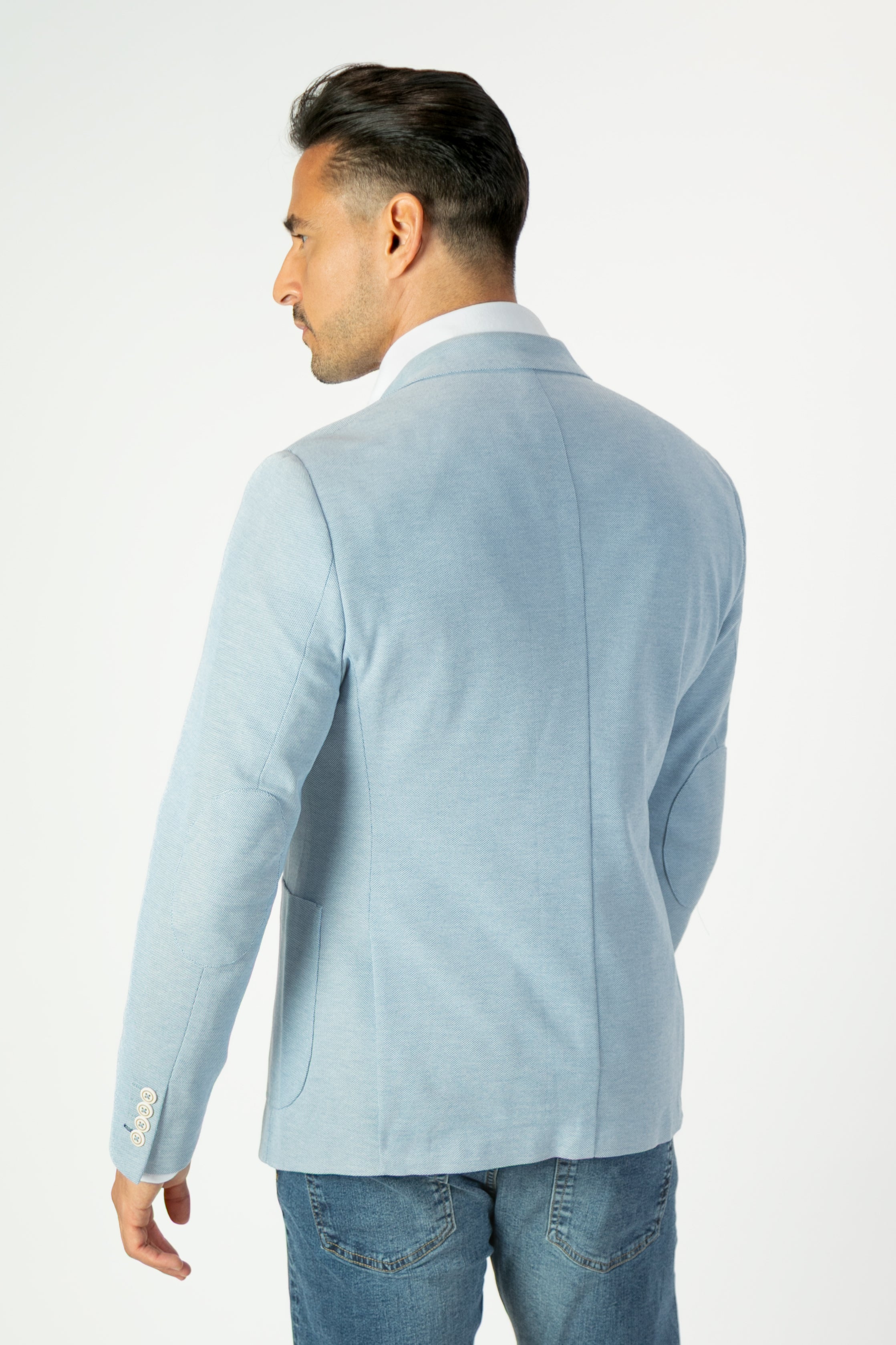 alt="MOSAIQUE slim texture jacket casual light blue back view"