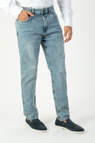 alt="Jack Morgan light blue slim denim jeans 5 pocket front view"
