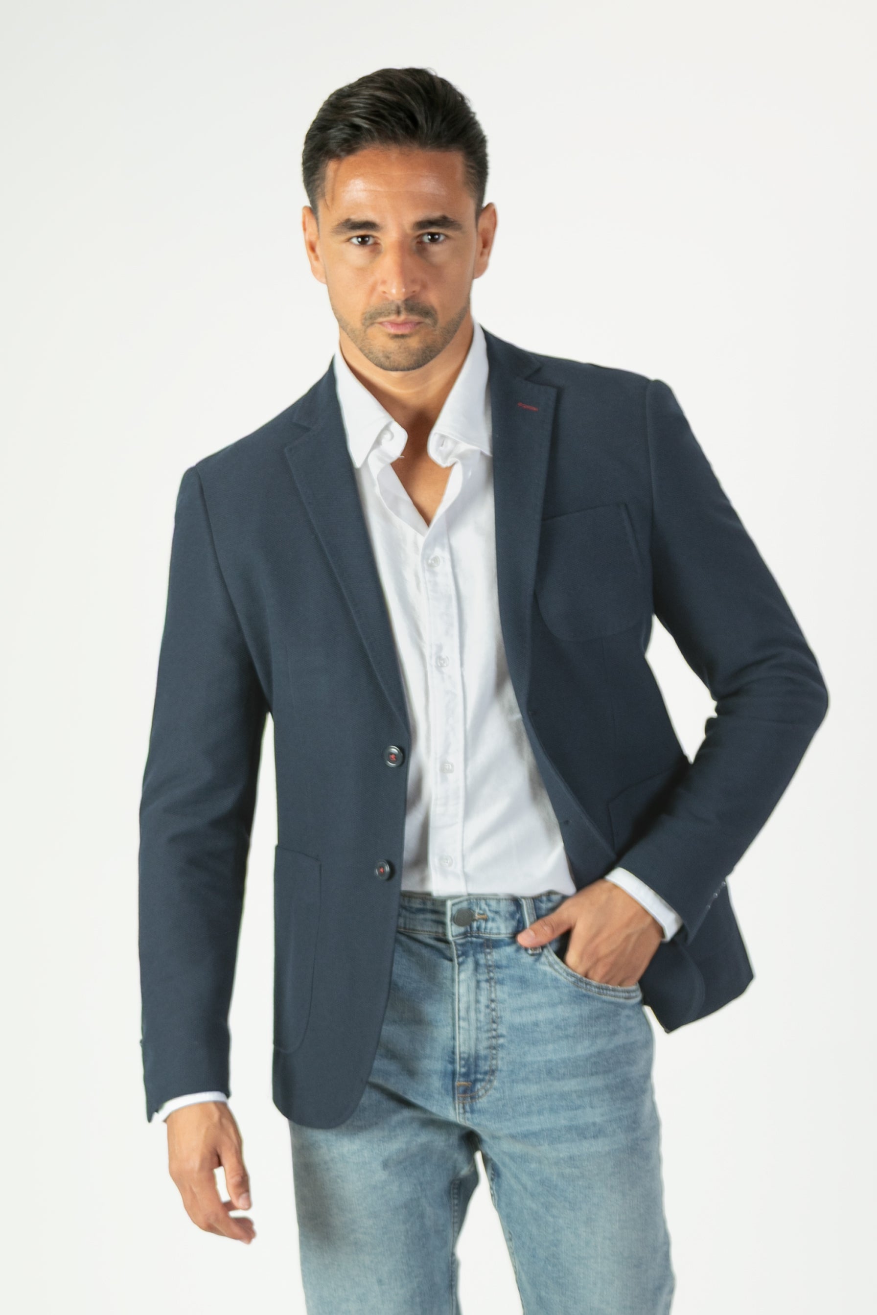 alt="MOSAIQUE slim texture jacket casual navy front view"